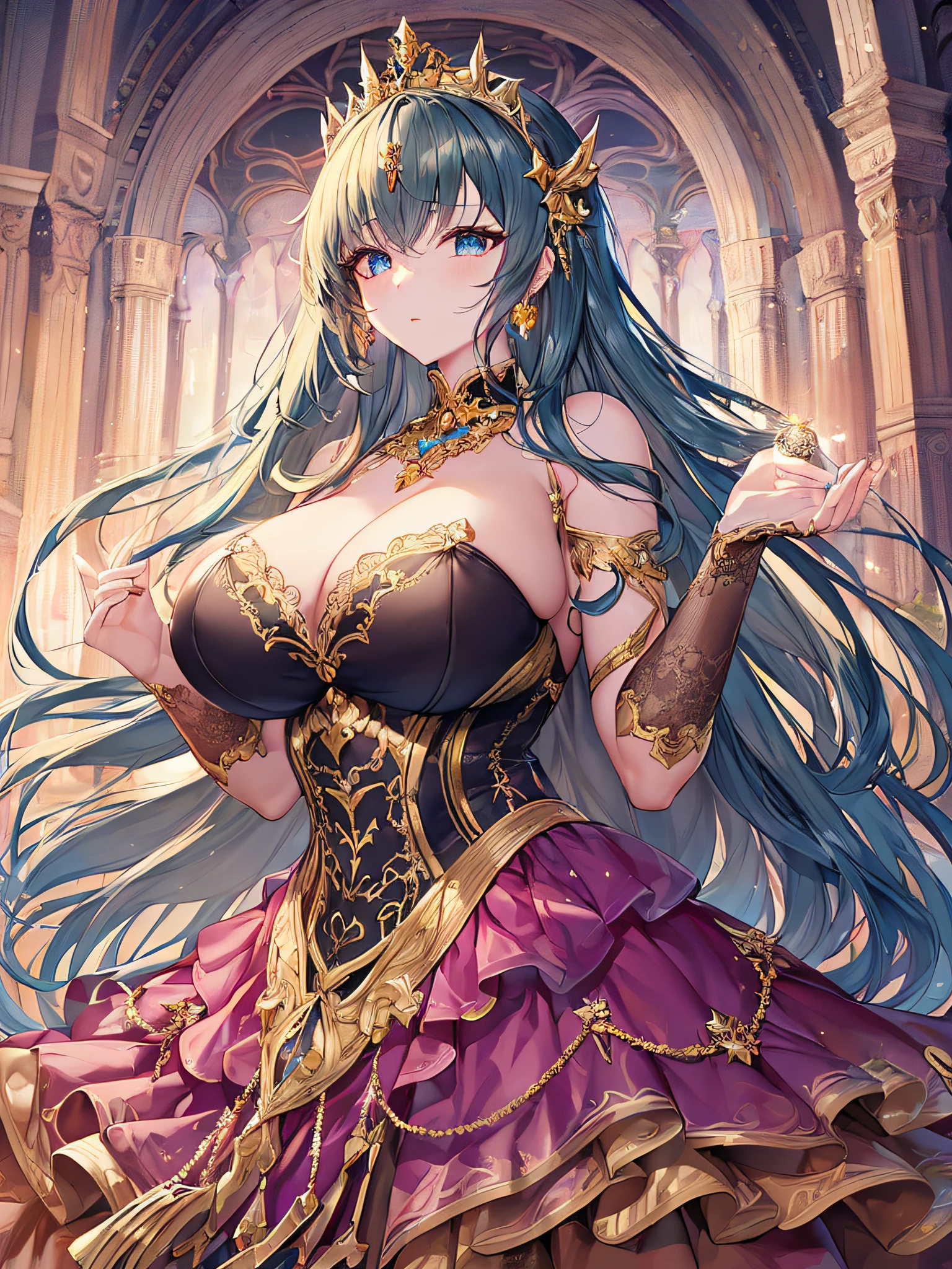 ((anime artstyle)),(Masterpiece),(Best Quality), (Super Detail),((Very Delicate and Beautiful)),Focus on character,Dynamic Angle,Looking at viewer,((Solo)),standing,(((full body))),(((one fairy tale princess in gorgeous ball gown with voluminous skirt))),detailed face and eyes,jewel-like eyes,((Very Long voluminous Hair)),gorgeous embroidery and lace,See-through,ornate ruffles,Gorgeous jewelry ornaments,luxury hair ornament,luxury tiara with jewels,(gigantic breasts,Long breasts),full body,(fairy tale world),fairy tale atmosphere,jeweled ball gown,(((gorgeous ball gown with voluminous skirt)))