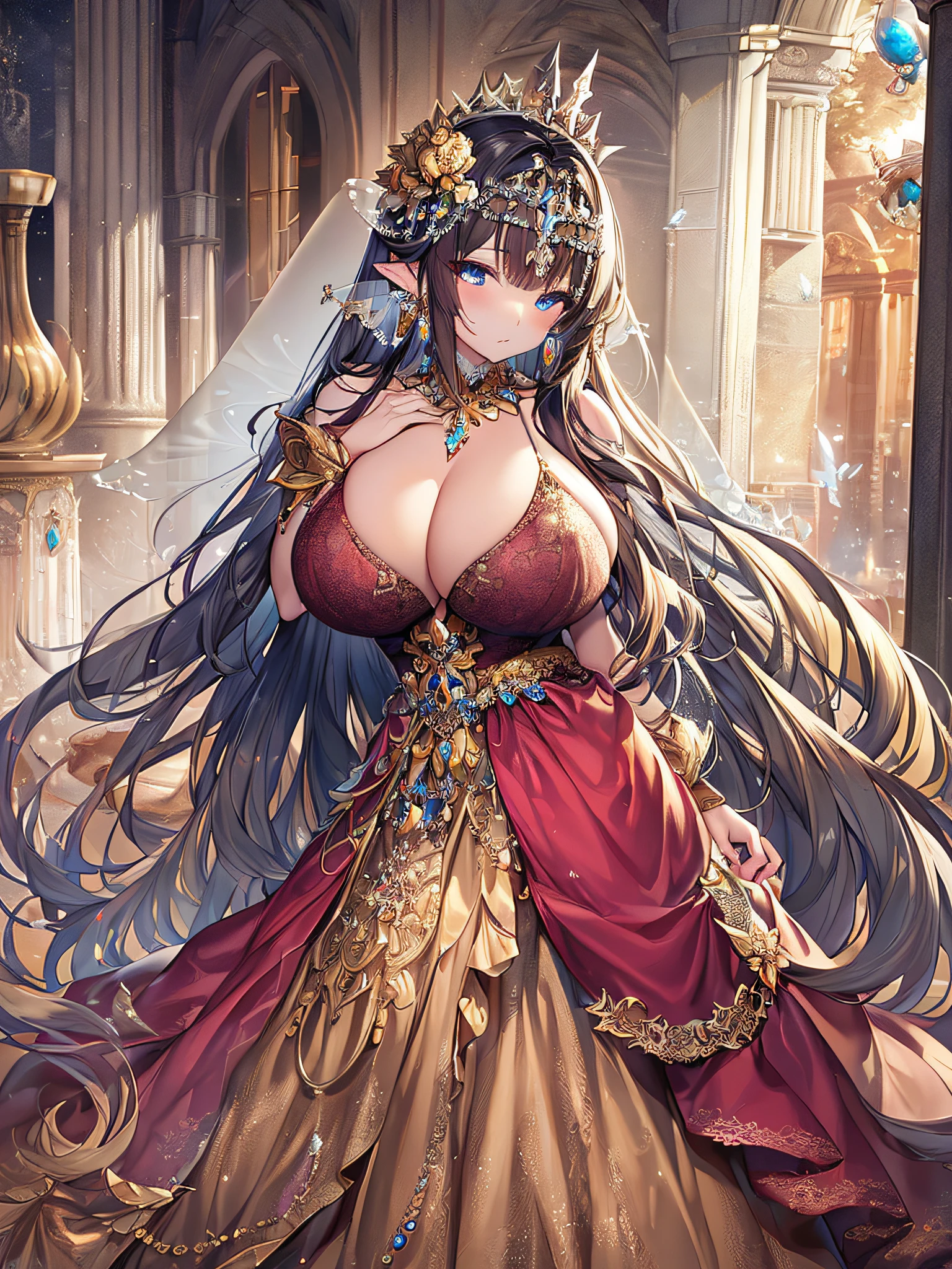 ((anime artstyle)),(Masterpiece),(Best Quality), (Super Detail),((Very Delicate and Beautiful)),Focus on character,Dynamic Angle,Looking at viewer,((Solo)),standing,(((full body))),(((one fairy tale princess in gorgeous ball gown with voluminous skirt))),detailed face and eyes,jewel-like eyes,((Very Long voluminous Hair)),gorgeous embroidery and lace,See-through,ornate ruffles,Gorgeous jewelry ornaments,luxury hair ornament,luxury tiara with jewels,(gigantic breasts,Long breasts),full body,(fairy tale world),fairy tale atmosphere,jeweled ball gown,(((gorgeous ball gown with voluminous skirt)))