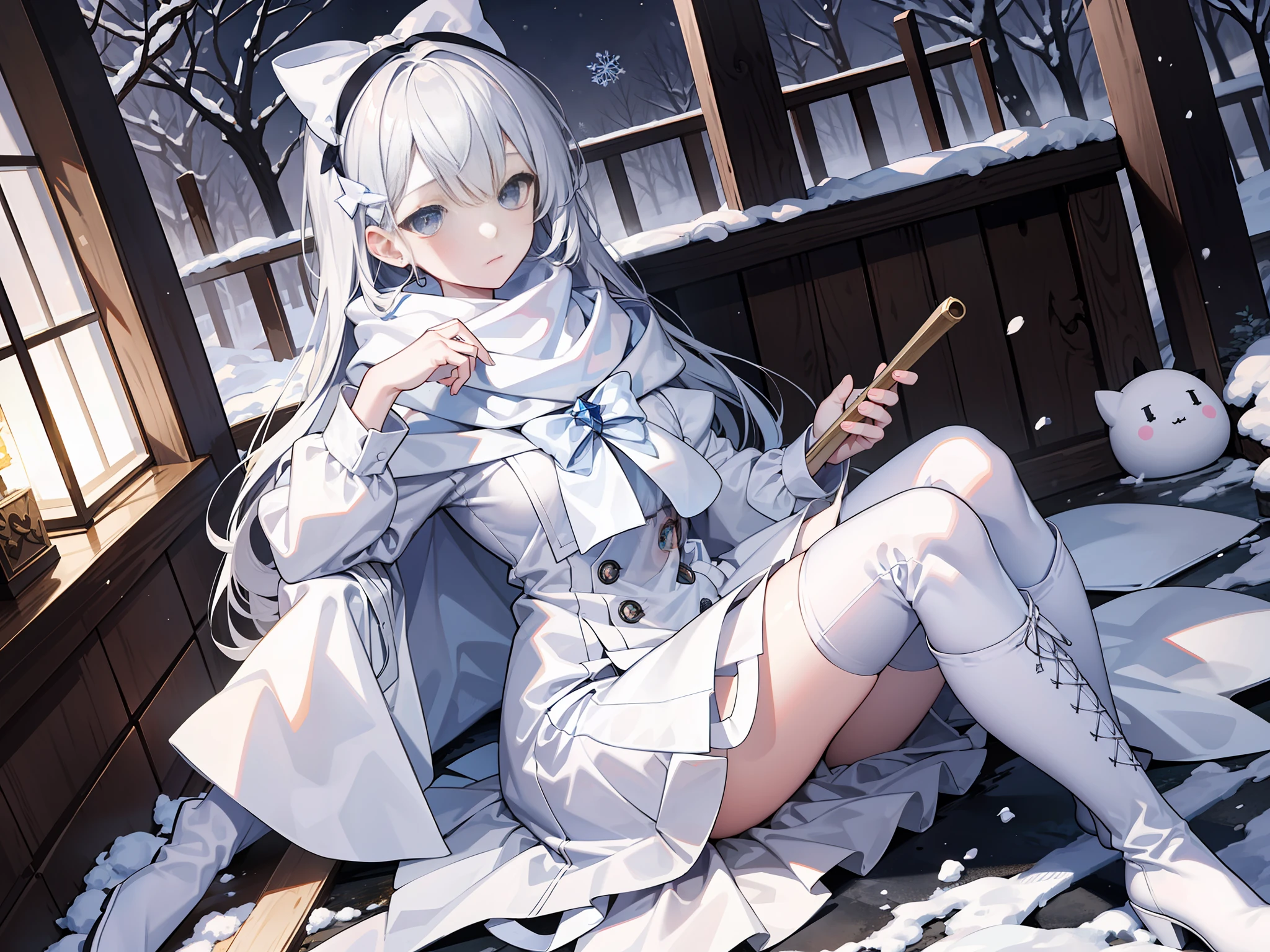 Light blue eyes，Princess cut，gray hairs，White thigh boots，White Gothololita，White over-the-knee stockings，white bows，Full body like，sweeping bangs，half-closed eye，Long white scarf，forested，Night，winter season，a masterpiece of，4K，Award-winning photos，Extremely detailled，finely detailled，Highly detailed woman，Teen girls，Extremely detailed eyes and face，Best Quority，indifferent expression