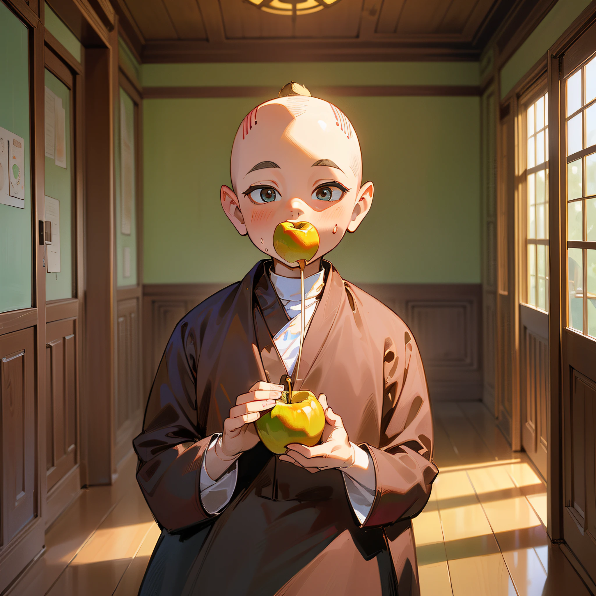 (A 5--old d monk eats an apple:1.5)， (Scene indoor Buddhist hall:1.2）, (A large Buddha statue in front of him：1.6) (Perfect face：1.4）