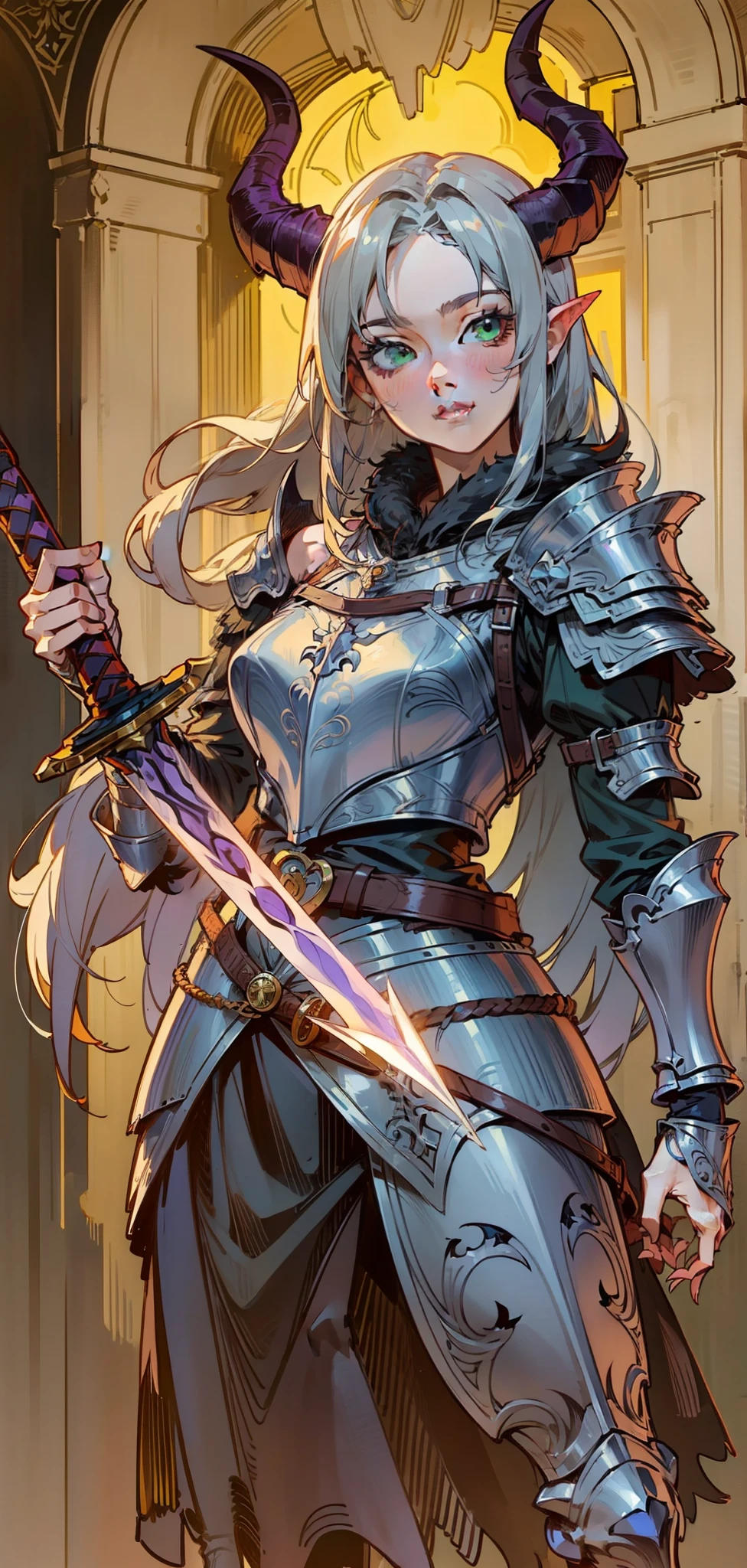 Best quality, masterpiece, ultra high res, (photorealistic:1.4), raw photo, 1girl, offshoulder, in the dark, deep shadow, low key, cold light, green eyes, ((horns)), very long hair, bangs, leather fantasy clothes, demon, big bust, cute face, full body, medieval , (((full body))), silver details, medieval clothes, detailed face, boots, (((magic sword))), shield, belt, bracelets, (((shoulder armor))), elegant, (((furr))), (((crow))), braided hair, silver ornaments, (((perfect face))), blonde hair, masterpiece, long legs
