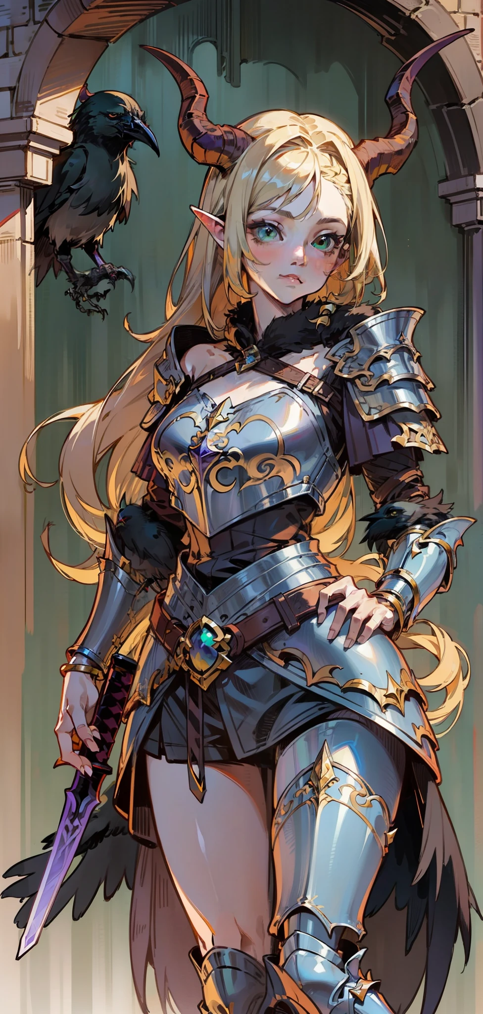 Best quality, masterpiece, ultra high res, (photorealistic:1.4), raw photo, 1girl, offshoulder, in the dark, deep shadow, low key, cold light, green eyes, ((horns)), very long hair, bangs, leather fantasy clothes, demon, big bust, cute face, full body, medieval , (((full body))), silver details, medieval clothes, detailed face, boots, (((magic sword))), shield, belt, bracelets, (((shoulder armor))), elegant, (((furr))), (((crow))), braided hair, silver ornaments, (((perfect face))), blonde hair, masterpiece, long legs