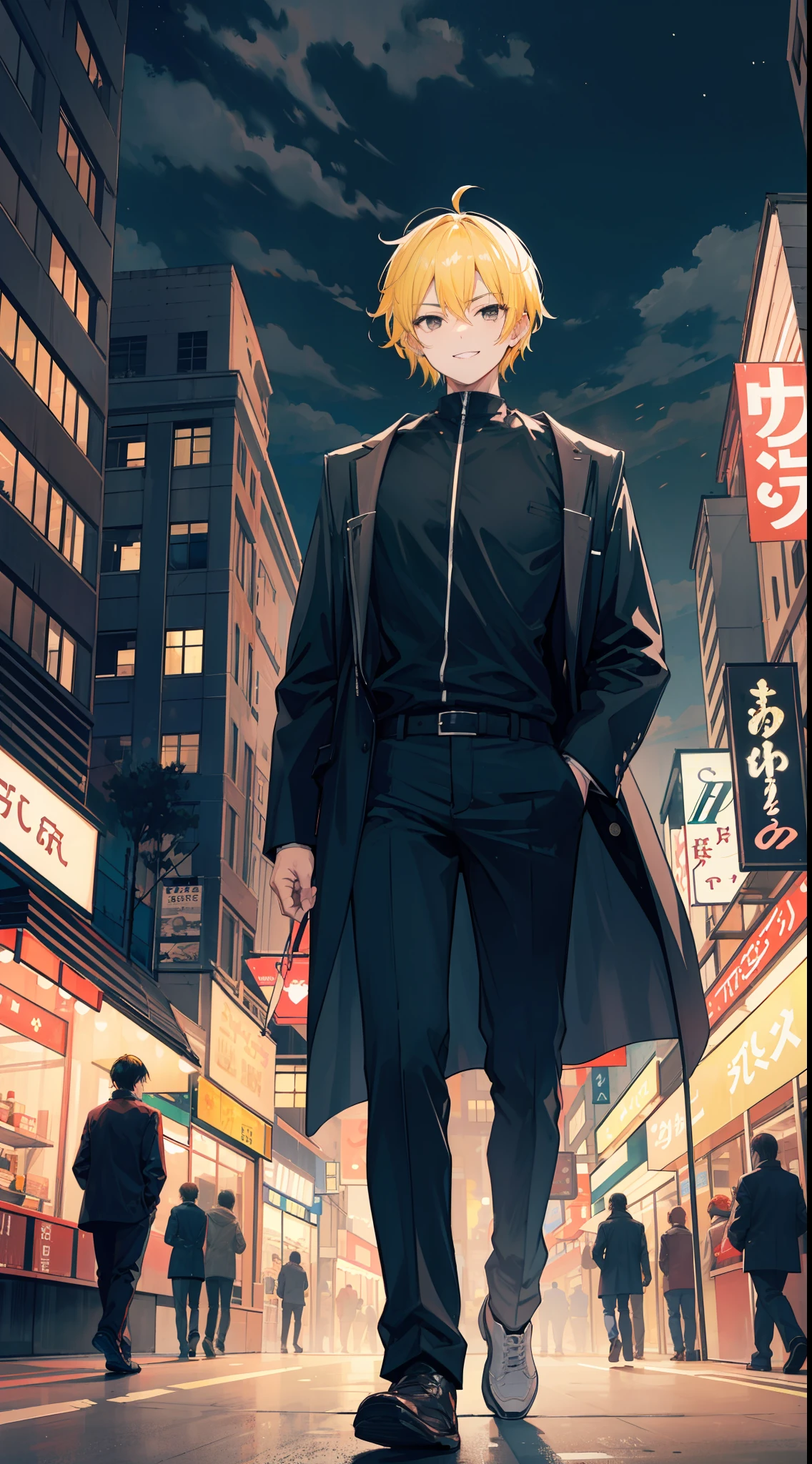 A man, dark yellow hair and black eyes, Standing in a bustling city, night, sharp short hair, badass, gently smile