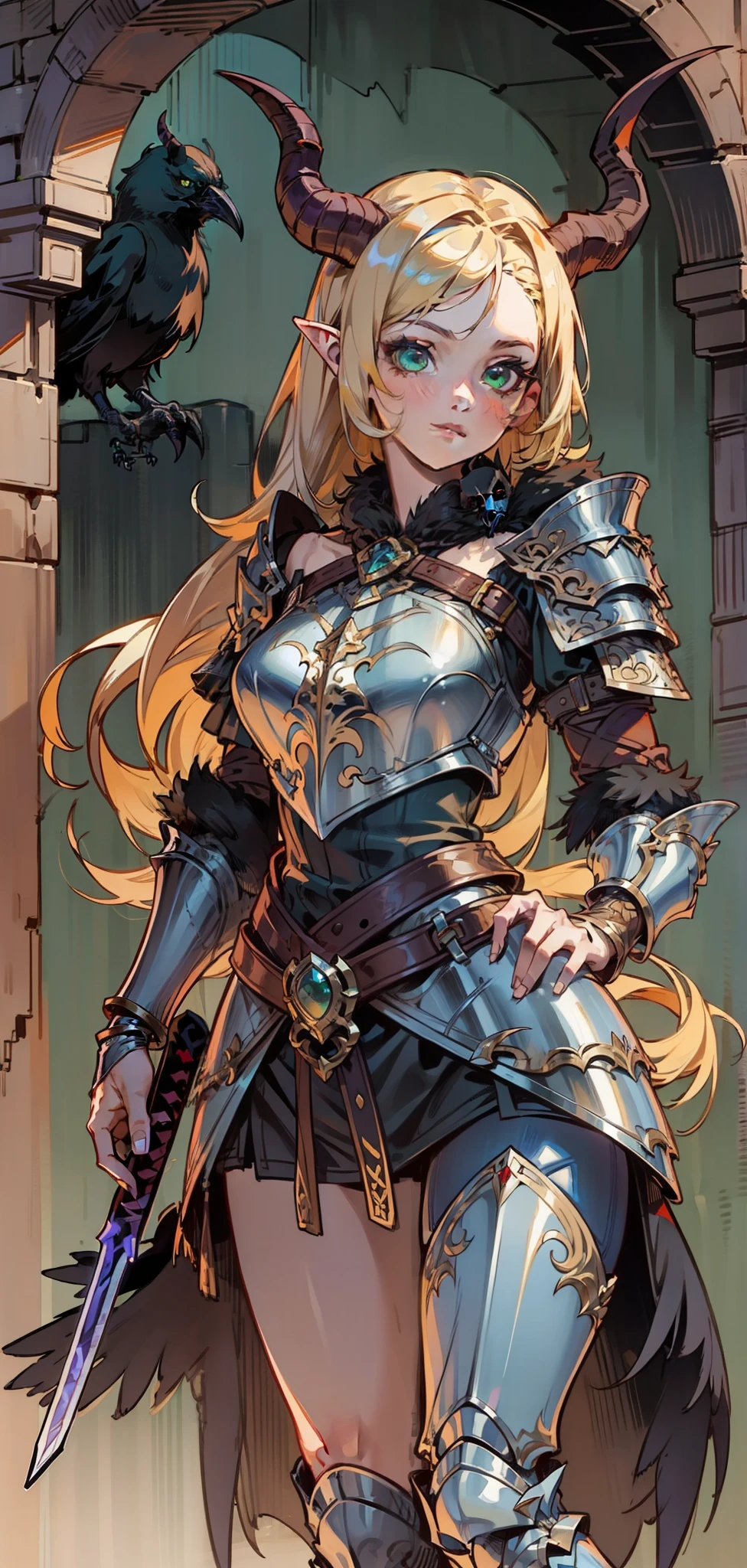 Best quality, masterpiece, ultra high res, (photorealistic:1.4), raw photo, 1girl, offshoulder, in the dark, deep shadow, low key, cold light, green eyes, ((horns)), very long hair, bangs, leather fantasy clothes, demon, big bust, cute face, full body, medieval , (((full body))), silver details, medieval clothes, detailed face, boots, (((magic sword))), shield, belt, bracelets, (((shoulder armor))), elegant, (((furr))), (((crow))), braided hair, silver ornaments, (((perfect face))), blonde hair, masterpiece, long legs