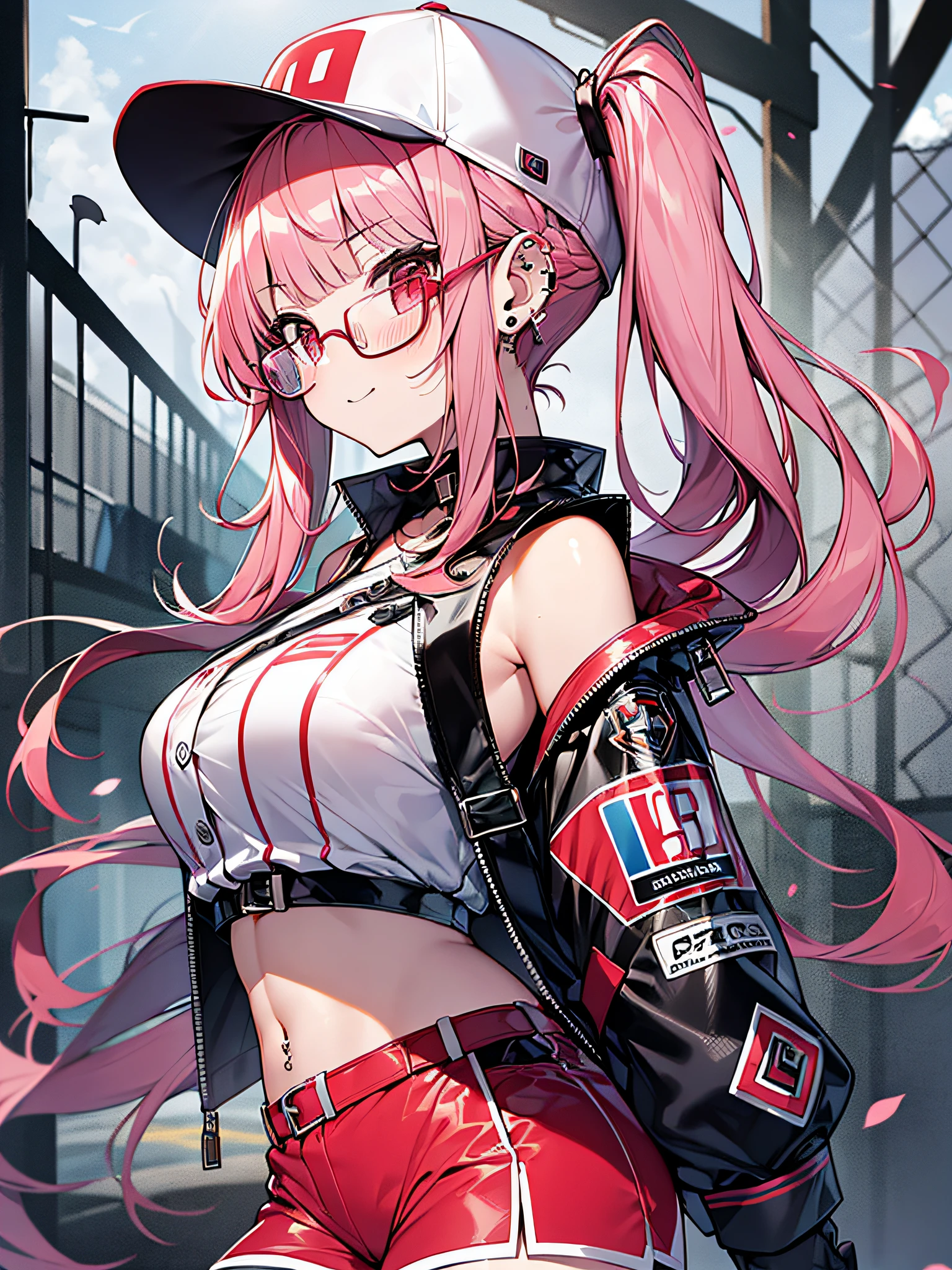 ,actionpose,from side,pov,Upper body throat and face、 energetic atmosphere, , Baseball Helmets、 sportsmanship, action-packed scene,break.GameCG,{{magical little girl}},brooch,soul gem,{{{1girl in}}}},{шедевр}, {{beste-Qualit}}}, {{ultra hyper-detailed}}, {{illutst}}, {{dishevled hair}}, break {{boobs loli}},eye glass、Cute glasses、Pink glasses、Big hair,punk,twintails,Mezuki,小柄,8years old,oppai loli,Teen girls, frilled sleeves,Baseball Cap,gradation hair, ,, Pink hair,Wine red eyes,Pink bat,Miduam's hair, Blunt bangs, {{Undercut}}, Pink hair, two tone hair,v shaped_eyebrows,evil smile, bare_shoulders、Medium_Breasts、navels、thighs thighs thighs thighs、piercings、gloves、White_Jacket、red_Skirt、Open_Jacket、shortpants、Ruffle Shorts、break , (Ink Style Effects),  break