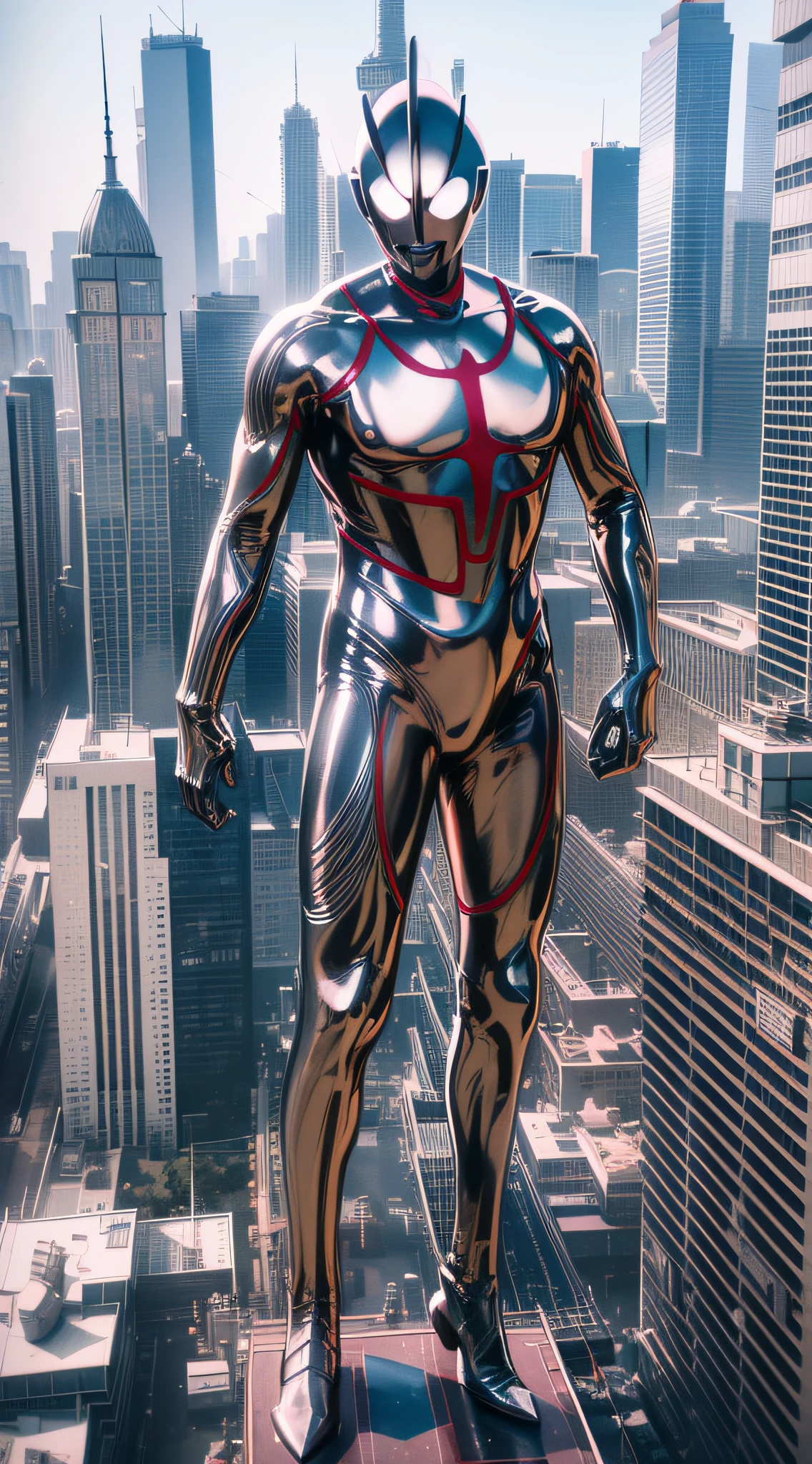 （a masterpiece of、Need、ultra-delicate、A high resolution），Male focus，shanghai，Oriental Pearl Tower，(((New Ultraman)))，(((No muscles)))，(His head is tapered,The body is made of silver，The arms present a streamlined design，Looks tall and thin，The overall shape is streamlined and modern)，(hold fists)，pose for photos，high-angle，nigth，city ruins，background detail，（（（fullllbody））），from above，(((Huge feeling)))