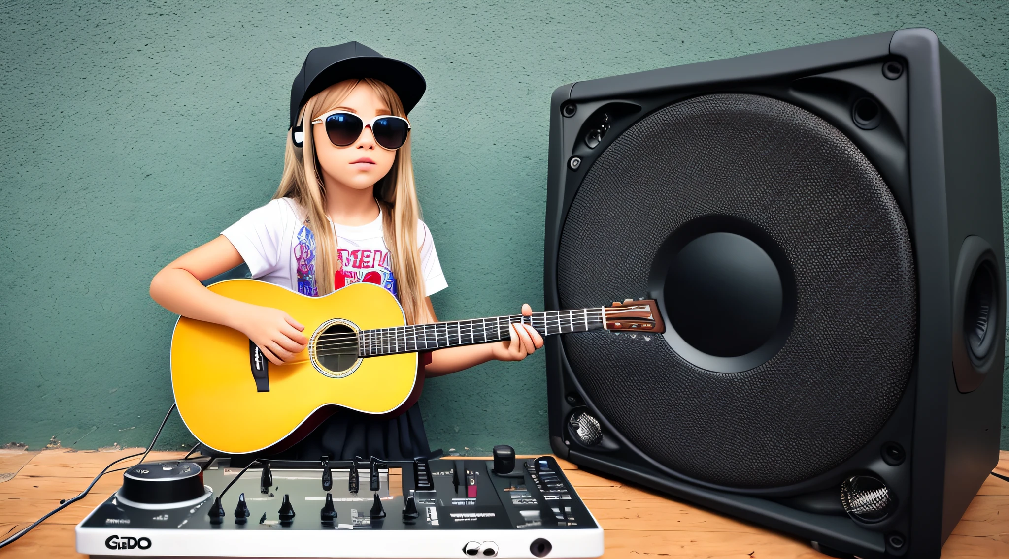 cd player walkmanmENINA CHILD BLONDE LONG HAIR WEARING A HAT , Holding a boombox and pointing with your hand, Boombox, The Music Guy, blaster do gueto, em um fundo VERDE, playing for music, em fundo VERDE, DJ, imagem de muito baixa qualidade, green sunglasses and a guitar, Grande Gueto Blaster, com fones de ouvido, music is life, new music, vibrating with the music