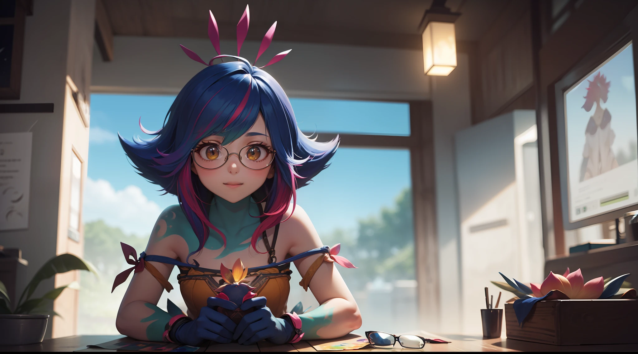 ((obra-prima, melhor qualidade, detalhada)), 1girl, solo, medow, milky ways, profundidade de campo, corpo brilhante, (sorriso: 0.8), olhando para o espectador, noite, starsky, neeko, gradient hair, cabelo multicolorido, cabelo listrado, cabelo impresso, olhando para o espectador, eyeglass, olhos multicoloridos, pintura, pintura no corpo, pintura em roupas, pintura no rosto, respingo de tinta, fundo multicolorido, colorido.