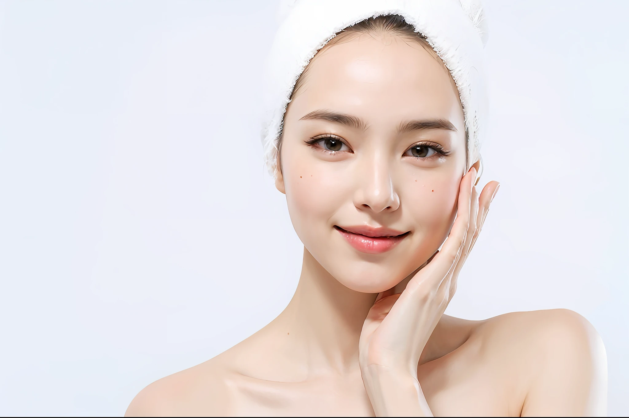 ((masterpiece, top quality, high definition)), 1 girl, (photorealistic: 1.4), solo, white background, snow-white background, mouth closed, happy smile, happy smile, pretty black hair, short hair, big eyes, clear double eyelids, eyelashes, ears out, long neck, long neck, absolute area, ((face close-up)), (drawing all head, shoulders), 19 years old, Attractive proportions, shiny skin, clean collarbone, golden ratio face, perfect face, teardrop mole, mole on chest, bangs, clean bangs, lip gloss, thin lips, pale skin, naked, big breasts, small face, small face, draw all head, draw all shoulders