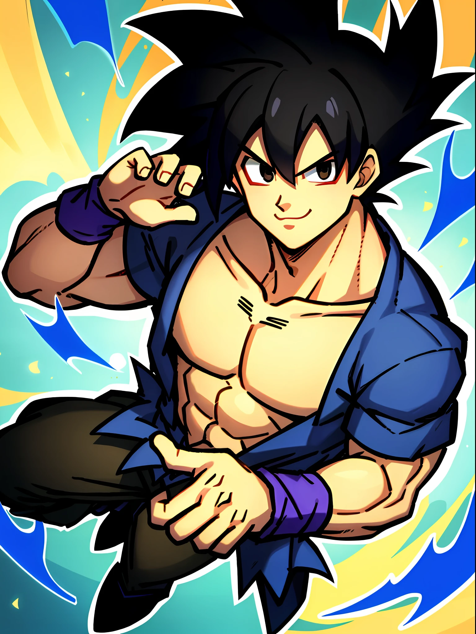 son goku,chiikawa\(a\), :3, full body,backlighting, black eyes, black hair, blue wristband, closed mouth, dougi, hair strand, hands up, light particles, looking at viewer, male focus, muscular, muscular male, pectorals, smile, solo, spiked hair, upper body, wristband, ((masterpiece)) ,