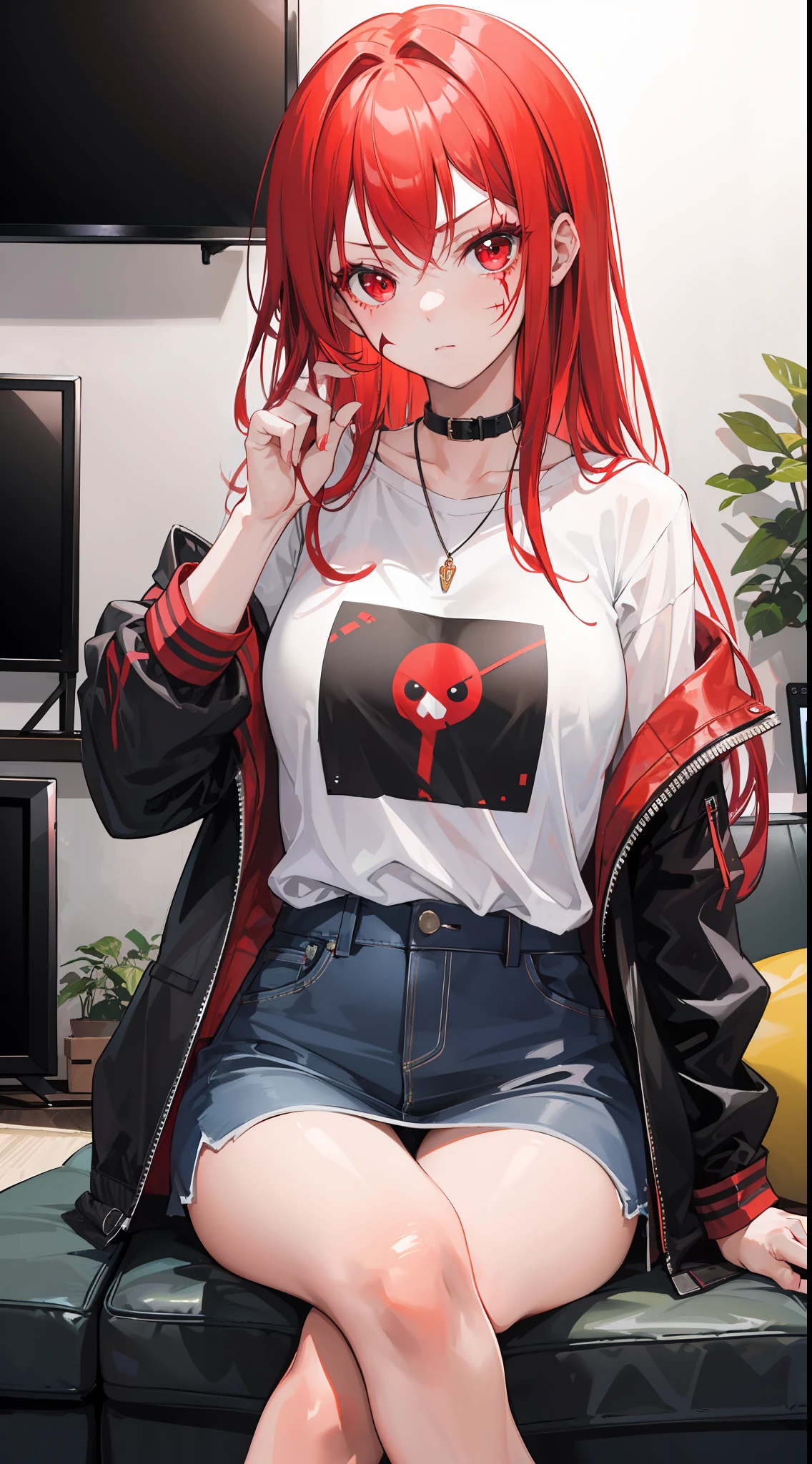 A girl, bright red hair and young red eyes, long hair, wearing a casual cloth, was sitting in the living room near the television, mascular girl, badass, frightening, there is a scar on his face