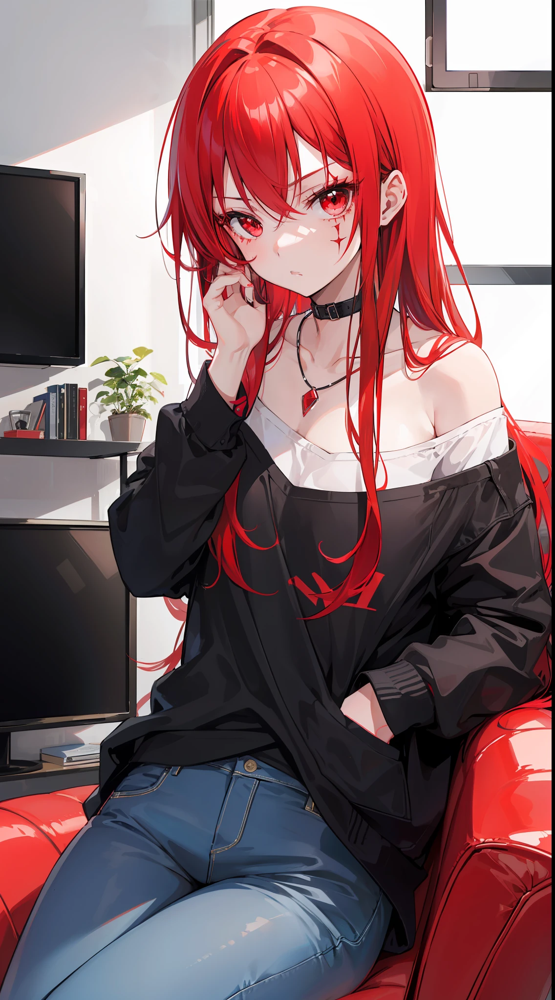 A girl, bright red hair and young red eyes, long hair, wearing a casual cloth, was sitting in the living room near the television, mascular girl, badass, frightening, there is a scar on his face