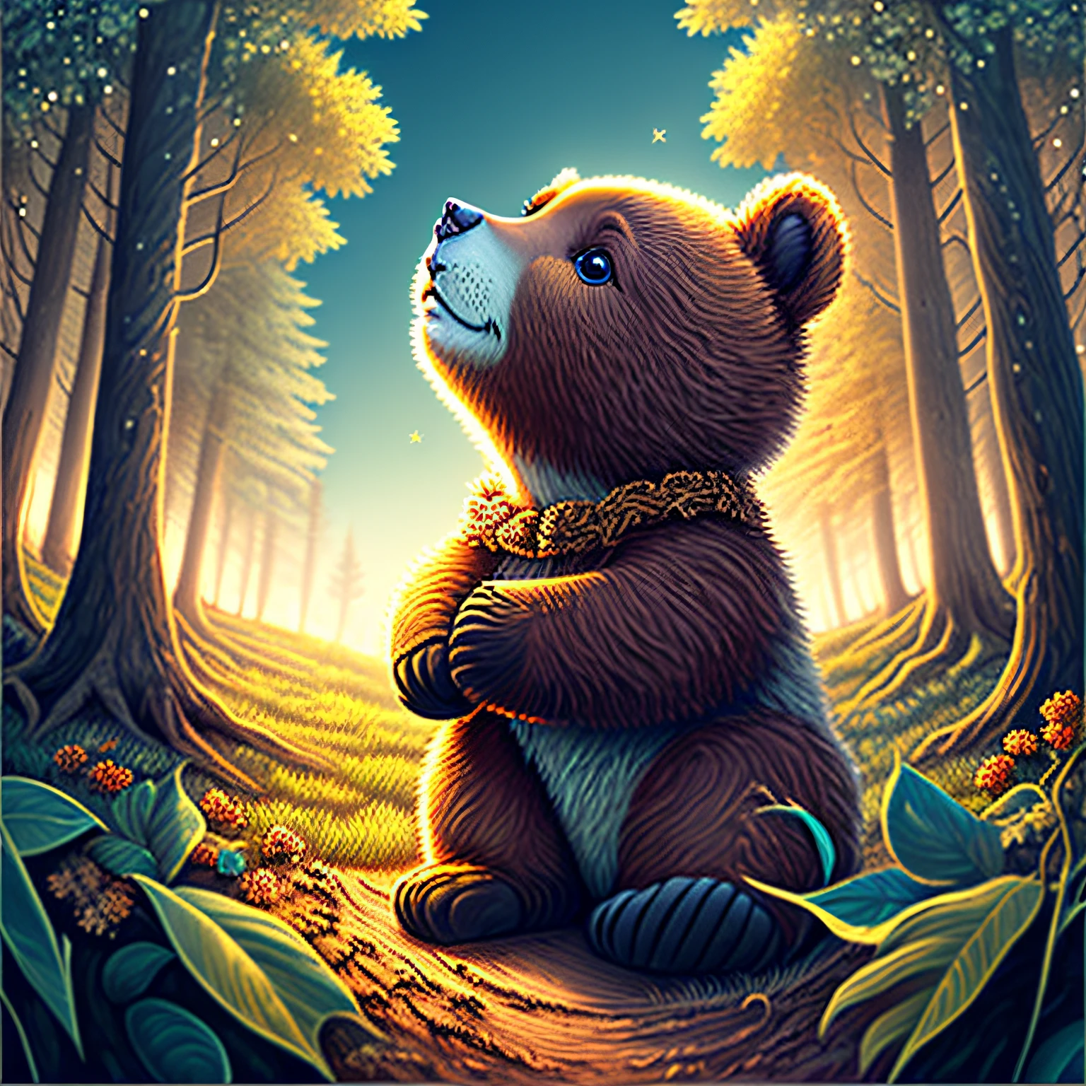 The little bear looking up at the sky in the enchanted forest near your house
