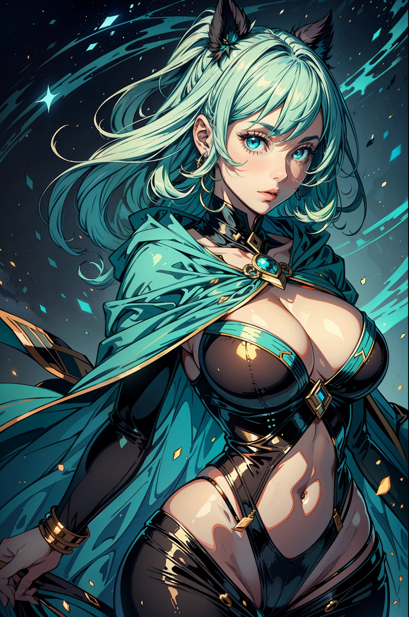 a mysterious mature female in a fancy green-blue coat, mage, magic, busty, big hips, luminescent eyes, dark room, high contrast, dim lighting