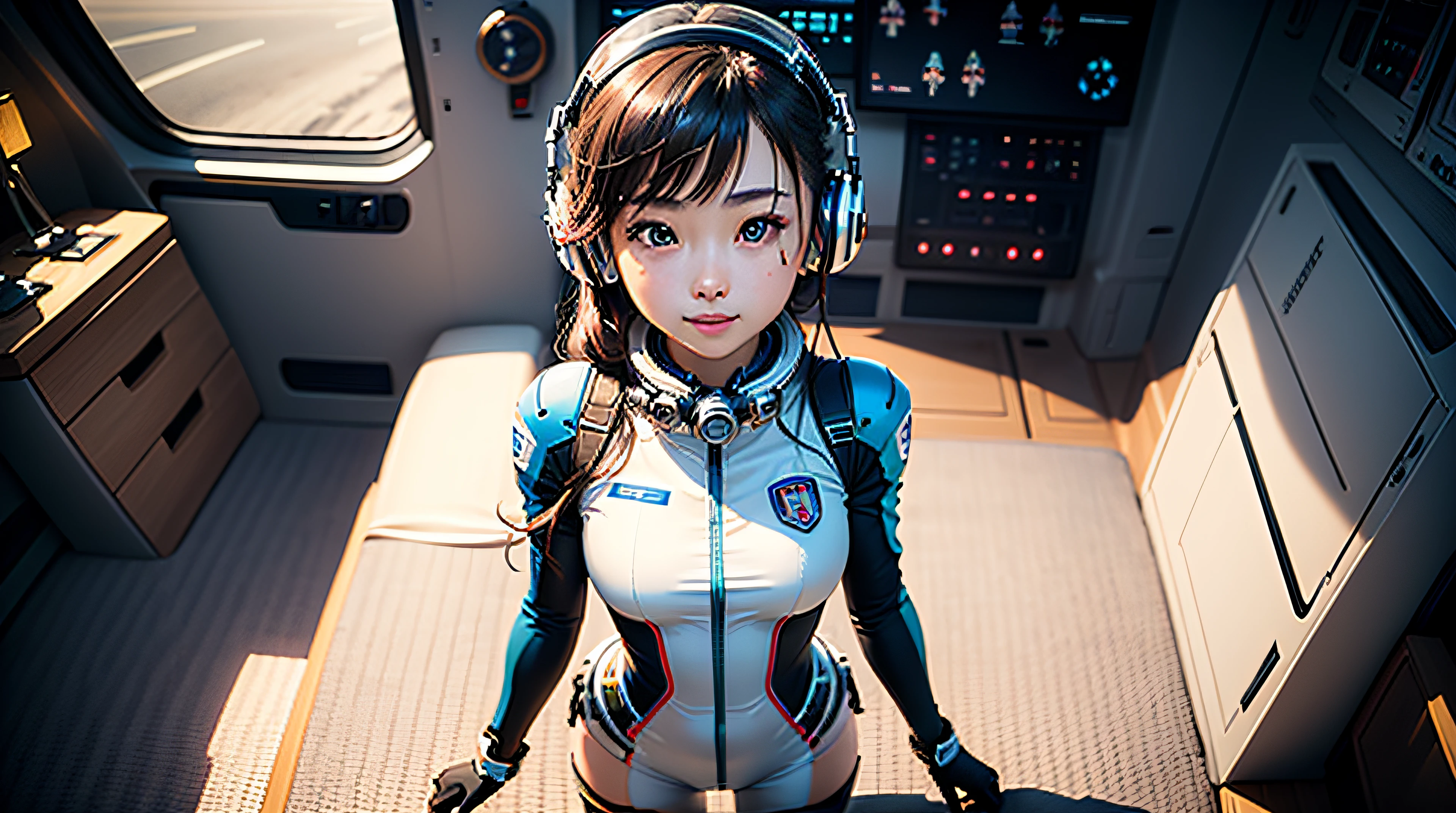 (шедевр、最好质量、Top resolution、Distinct_image、Detailed details、portlate。Angle from above): (独奏、Lone Girl、Japan Faces、short-cut、Brown-haired girl、Whole human body、(the perfect body:1.4)、cuteness、a cute、Glittering blue colored eyes、Pilot suit in white and blue colors、Tight Fit Clothing、Clothing that covers the whole body、extreamly delicate and beautiful、detailed skins、Slim body、exoskeleton、lightl smile、heroine、headset on head、long boots、Facing the front、staring the viewer、Kindness、gloves)、(Inside the spacecraft、Communications Equipment、controller、cockpit、Maneuvering the Vehicle、Future bride)