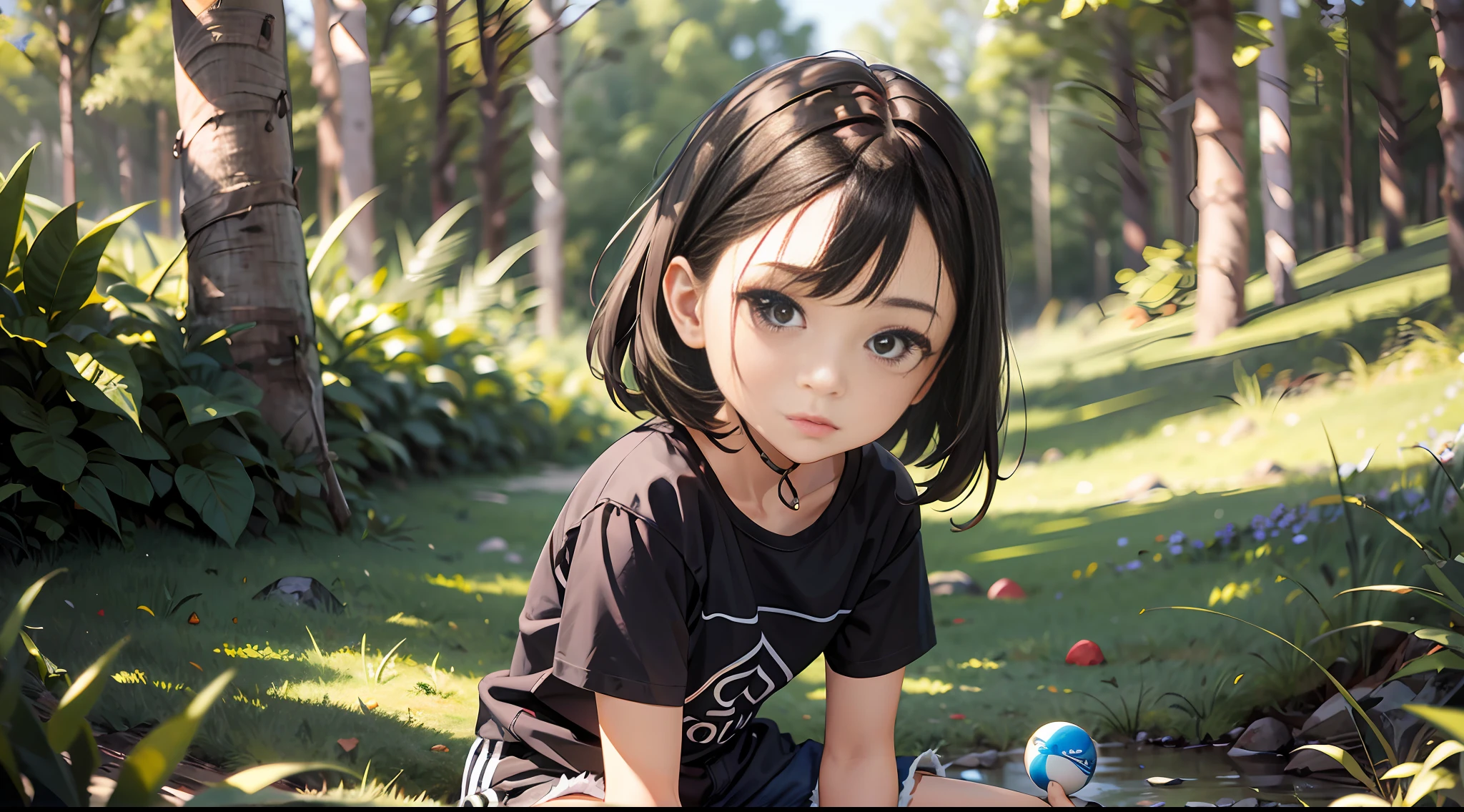 uma chamada Anne de 8 anos de idade, corpo inteiro, pele branca, olhos pretos, fleshy lips, cabelo preto liso na altura dos ombros, small hands, magra, olhos grandes e castanhos, picking up small stones from the ground in a forest, usando coton shorts preto e camiseta preta sem desenho nesta camiseta, sem imagem tenis preto, absurdos, melhor qualidade, solo, de lado, olhando para o espectador. The illustration is of an 8-years picking up small stones on the ground, ela usa shorts preto, black T-shirt and black sneakers.