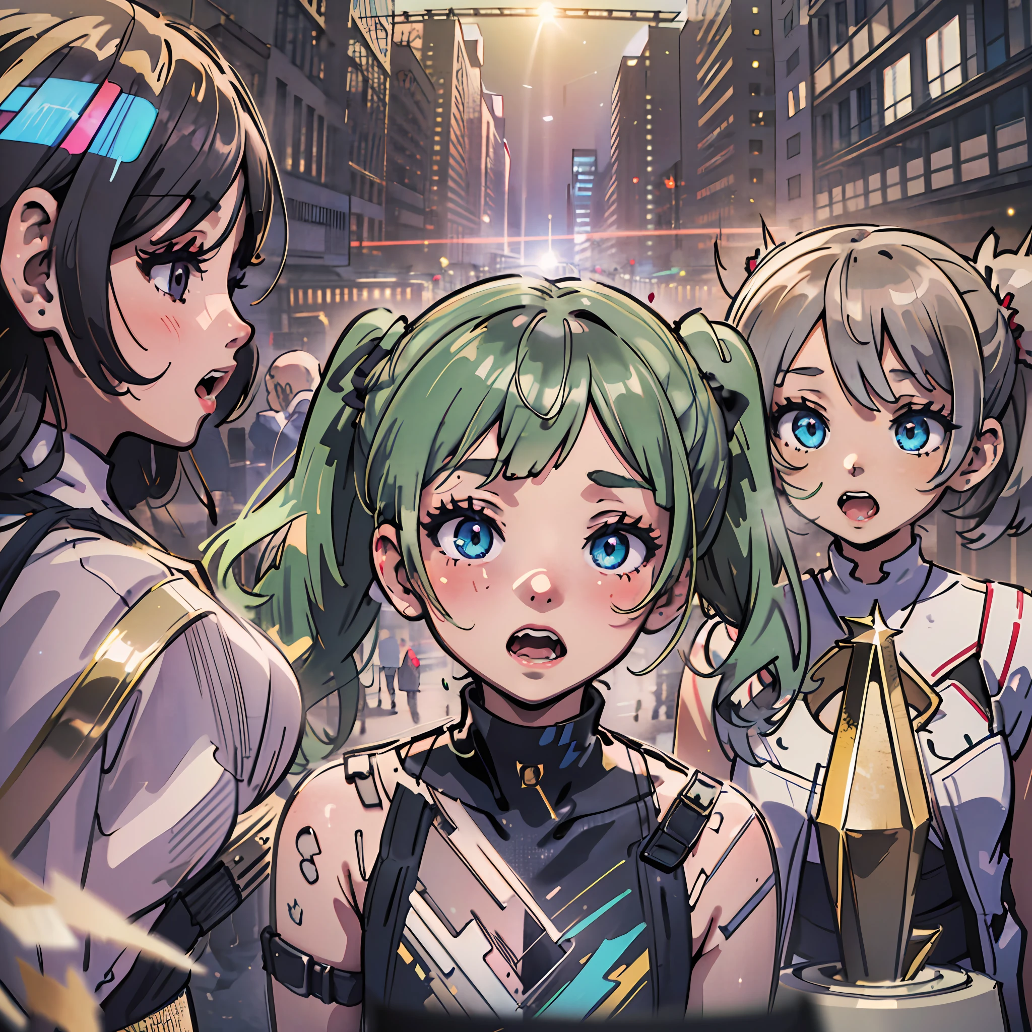(award winning 8k concept art:1.3) of (three young woman looking up, open mouth, crowd:1.3), extremely detailed background, biting, giant zombie chibi in the background, darkness, flash, close to camera, sweet, front, epic, (masterpiece:1.4), (best quality:1.4), Amazing, beautiful, finely detailed, (Depth of field:1.4), 8k, fine art, stunning, (light reflections:1), (crisp:1.6), red twin tails, vibrant, (edge detection:1.4), absurdres, impressive, 120mm, clear, lens flare, wide shot, wide angle, scenery