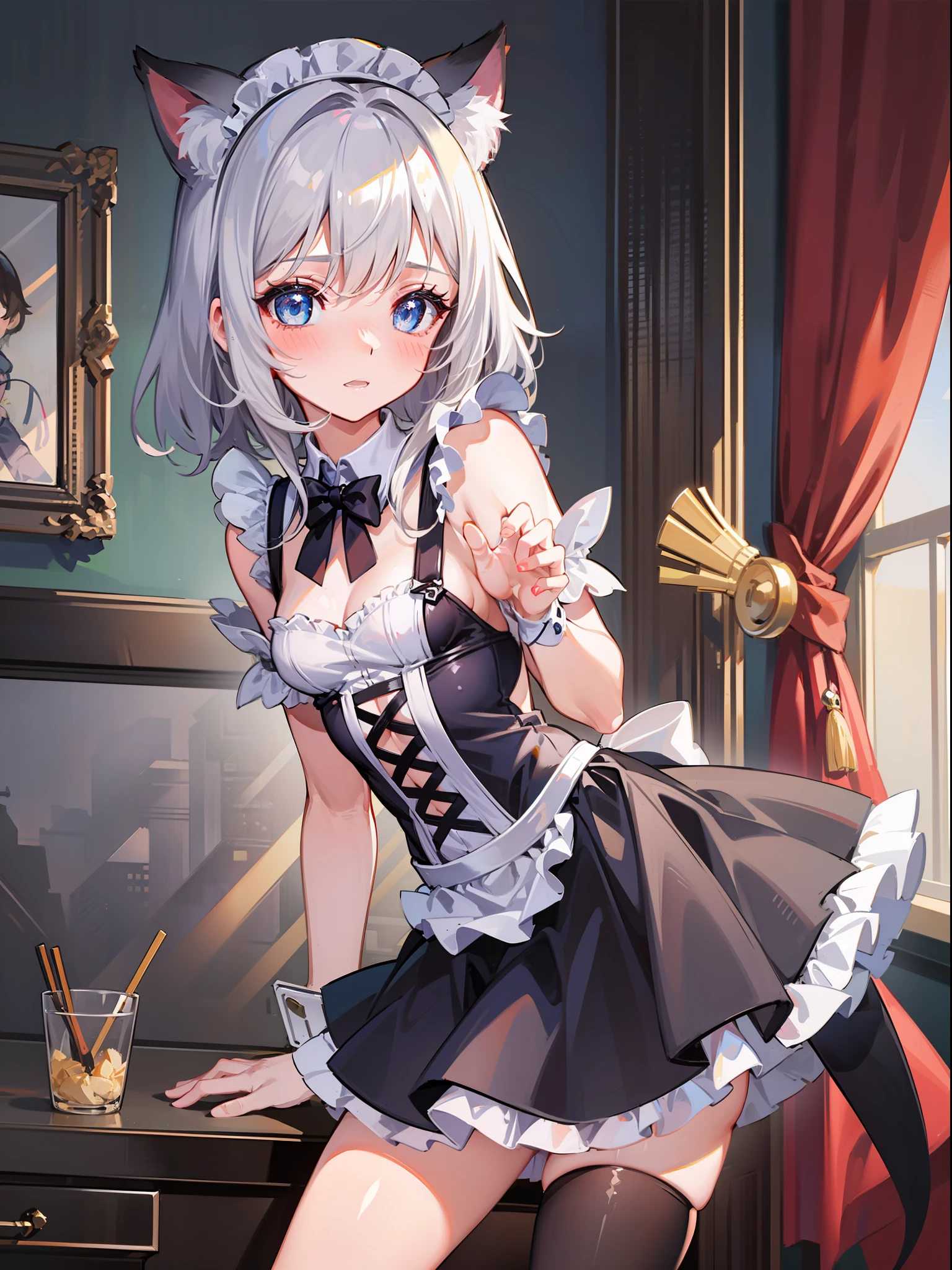 best quality, ultra precision, one girl, cute, little girl, young, boyish, childish, small breasts, silver hair, cat ears, blue eyes, beautiful eyes, teen girl, blush, embarrassed, maid costume, housekeeper, lift the hem of the skirt, bare leg