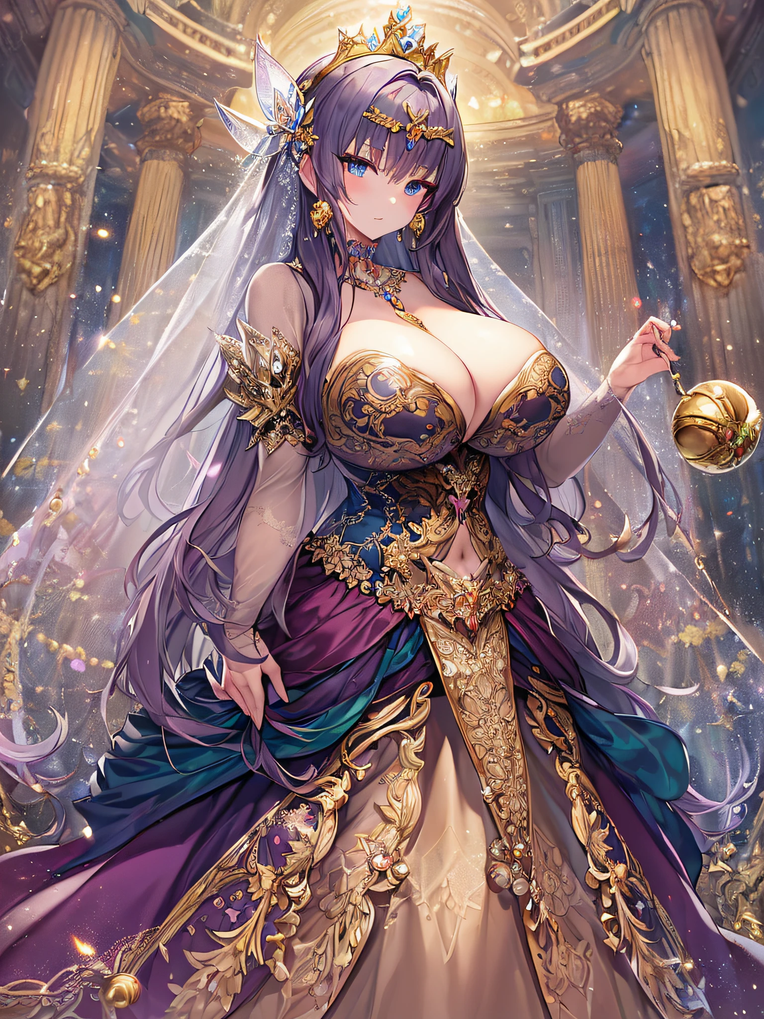 ((anime artstyle)),(Masterpiece),(Best Quality), (Super Detail),((Very Delicate and Beautiful)),Focus on character,Dynamic Angle,Looking at viewer,((Solo)),standing,(((full body))),(((one fairy tale princess in gorgeous ball gown with voluminous skirt))),detailed face and eyes,jewel-like eyes,((Very Long voluminous Hair)),gorgeous embroidery and lace,See-through,ornate ruffles,Gorgeous jewelry ornaments,luxury hair ornament,luxury tiara with jewels,(gigantic breasts,Long breasts),full body,(fairy tale world),fairy tale atmosphere,jeweled ball gown,(((gorgeous ball gown with voluminous skirt)))