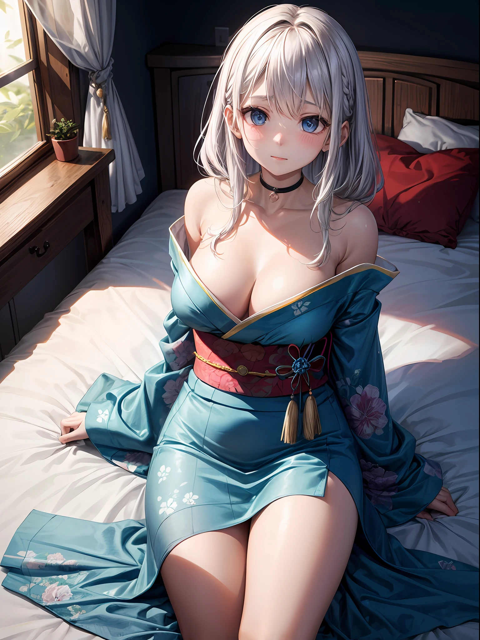 beste-Qualit、1人の女の子、A white-haired、Longhaire、Blue eyes、Blushing expression、Red cheeks、Light blue kimono dress:1.7、floral print、Shoulder out:1.2、tetas grandes:1.2、open chest、thighs thighs thighs thighs:1.1、beauty legs、dark ilumination、Dark Room、on the beds、Supine position:1.1、sprawl:1.2、View here、Angle from diagonally above、Background blur、