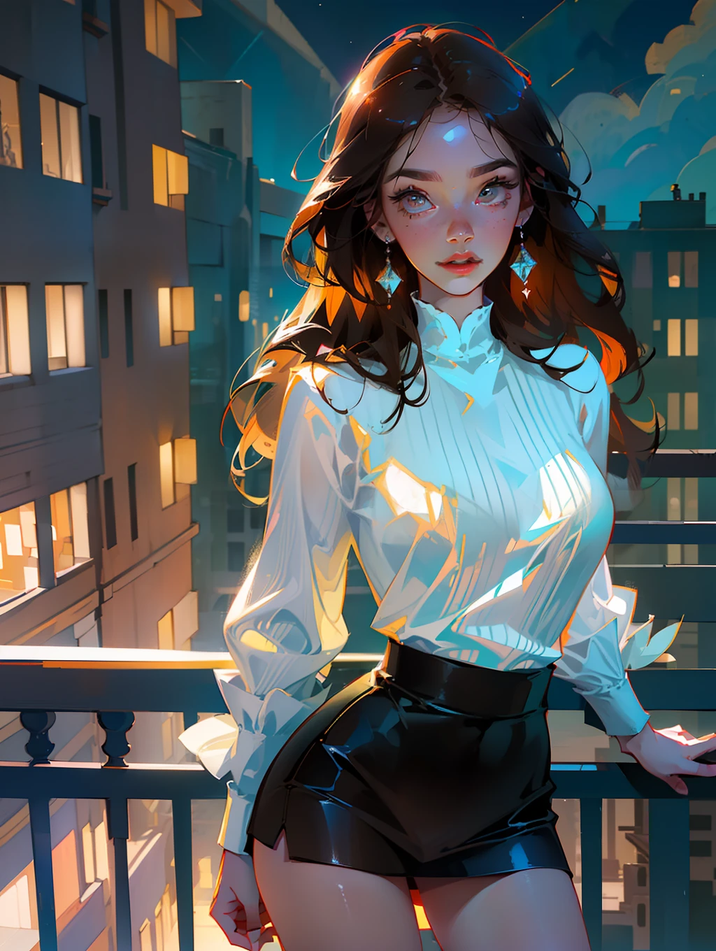 ((Best quality, 8k, Masterpiece :1.3)), Whole body, Long legs, Sharp focus :1.2, A pretty woman with perfect figure :1.4, Slender abs :1.1, ((Dark brown hair, Big breasts :1.2)), (Light fabric white shirt, Happy expression, Standing:1.2), ((Night city view, Balcony :1.3)), Highly detailed face and skin texture, Detailed eyes, Double eyelid