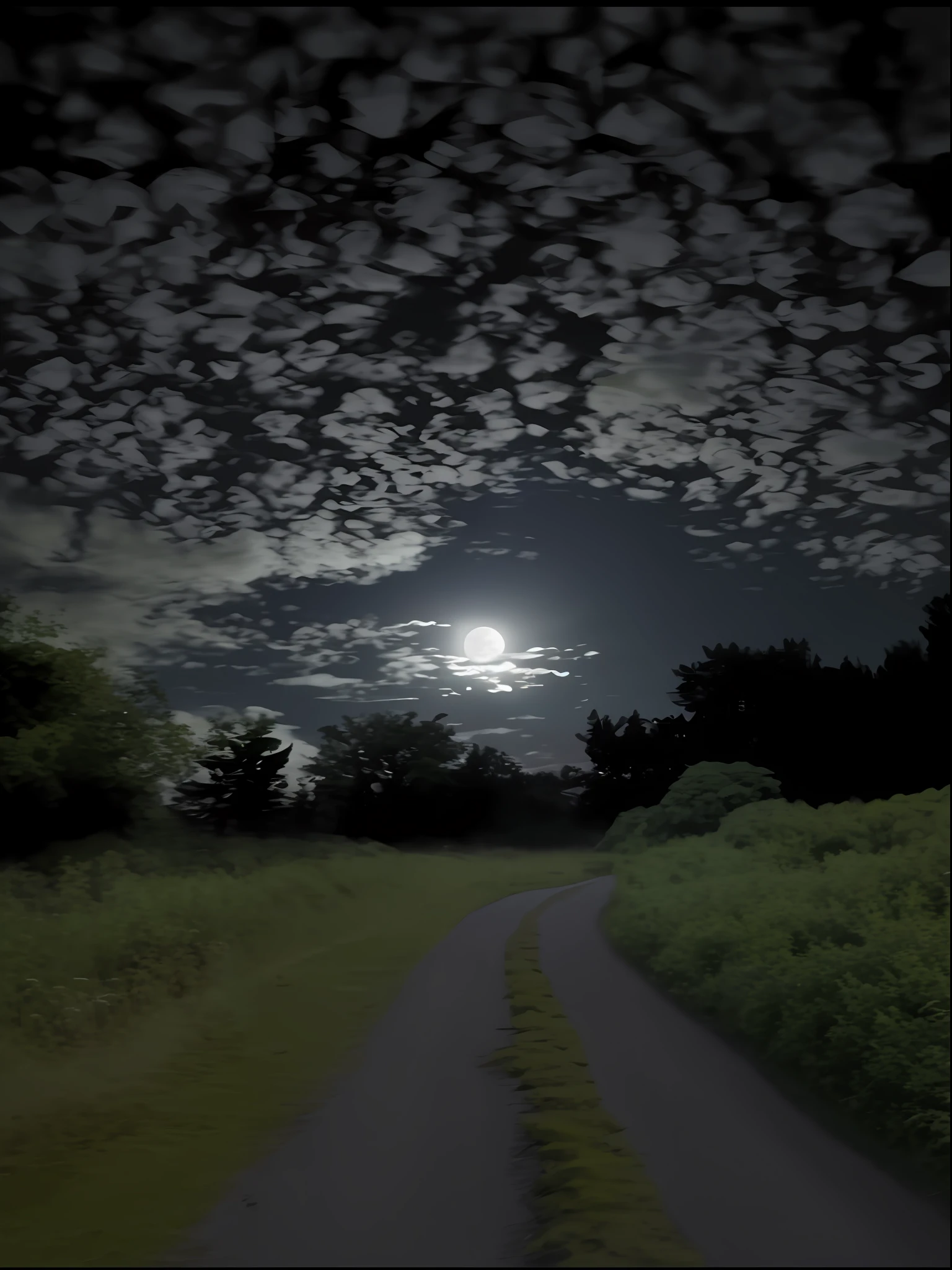 There is a road through the meadow，There is a full moon in the sky, the cloudy moonlit sky, moonlit night sky, moonlit sky, magical moon shines overhead, moonlit night dreamy atmosphere, night time moonlight, beautiful moonlight night, At night，under moonlight, moonlit nightscape, cloudy night, full moon in clouds, dramatic moonlight