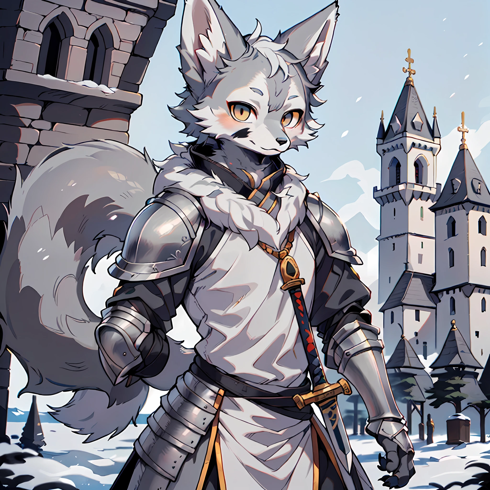 high detail,hyper quality,high resolution,1080P,独奏,(Male Arctic fox:1.5),(Gray fur:1.3),((Gray skin)),Gray ears,Golden eyes,sharp talons,((Gray paws)),(Fluffy tail:1.2),((Wear knightly armor)),Holding a long sword,In front of the medieval castle,Detailed characters,Character Center