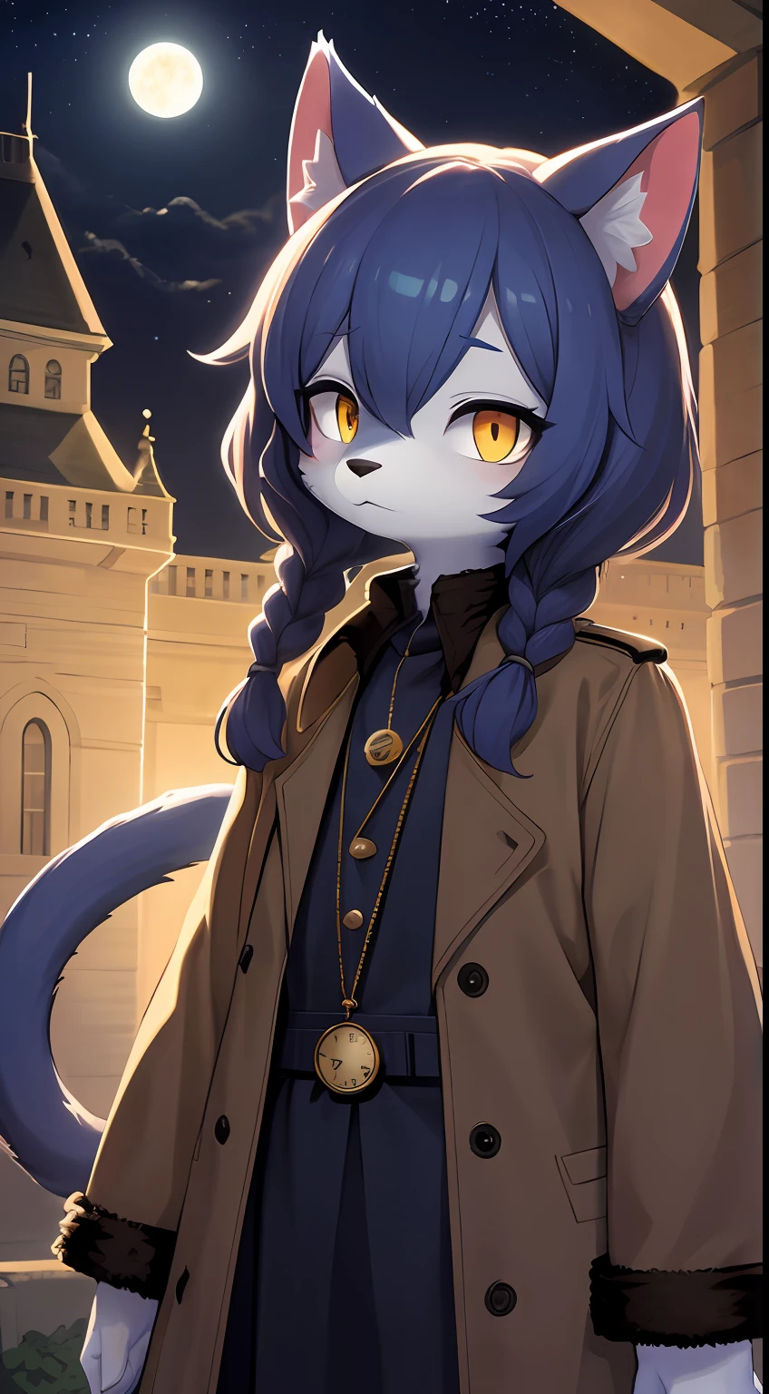 Cat boy,was hairy,shaggy,Skin fur,Smoothes lashes,Indigo fur,Forelimb hands,Short hair in men, Low twin braids' hair is scattered,solid circle eyes,Indigo ears,Indigo fur,Indigo facial fur,Short indigo hair,Hairline, Shiny hair, Wavy hair,Golden eyes,Super cute face,Cat tail,Fluffy tail,furry tail, Expressionless,Glowing eyes,Pocket watch in hand,Brown cape,Brown trench coat,ambiant light,Ultra-fine fur,volumettic light,dashed eyes, bangs, Stargazing,lightand shade contrast, uhdr, 巨作, High quality, High Details, Best quality,Castle background,A sky full of stars,meteors,Night,full moon