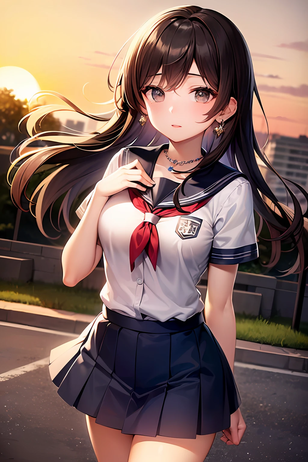 ((first-person-view)), (((various school uniform: 1.2))), ((Look up at me))), (Shy look: 1.2), (18 years old, neat girl), (various hairstyle, wavy hair, various colors hair, bangs flowing diagonally), medium long hair, scene seen from above, ((Cowboy shot: 1.2)), (focus on face), (( Very intimate relationships: 1.2)), medium large breasts, (((In the various place where the setting sun shines: 1.2)), ((Standing opposite her fluttering in the wind)), ((She is wrapped in my hands)), (Staring at me with upward eyes)), Highly detailed face and skin texture, Detailed eyes, Double eyelids, Natural cheeks, Blue eyes, shiny little necklace and earrings, shiny lips: 1.4, accurate, anatomically correct,