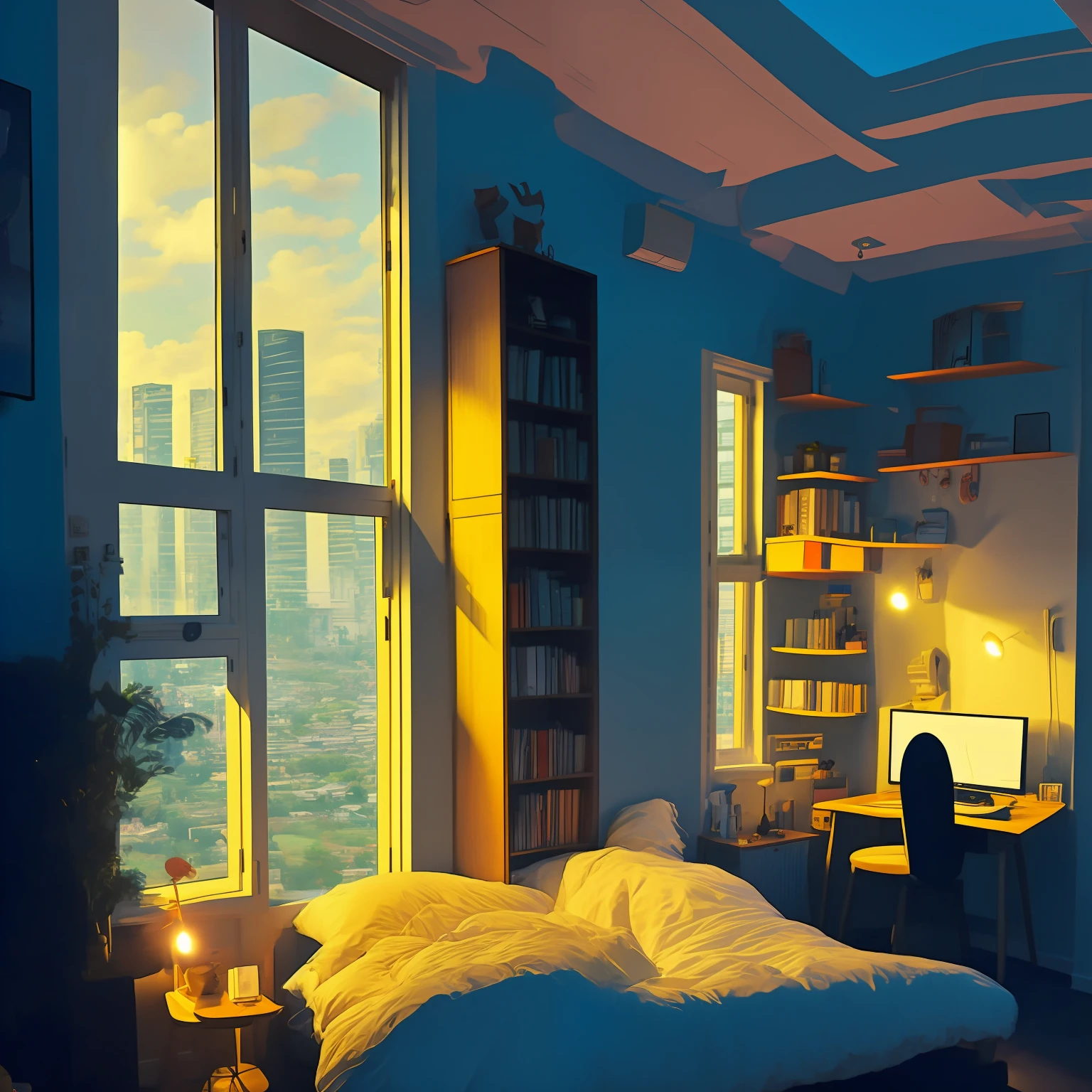 dimly lit bedroom,Outside the window are high-rise buildings,A fat man playing a game in front of a computer,