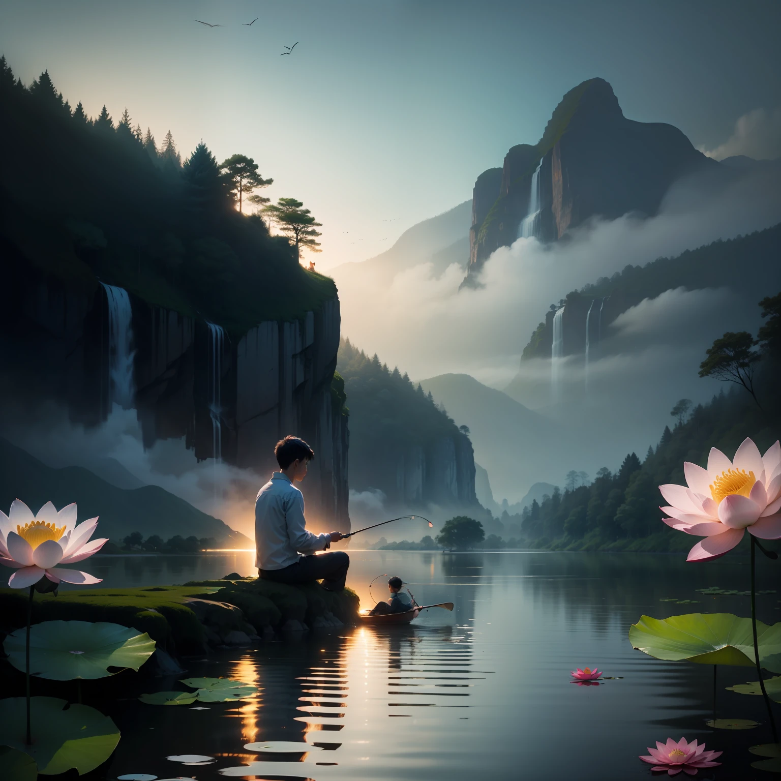 vietnamese martial arts style, large area sky, ink style, long shot, light outline, atmosphere, depth of field, rising mist, lake water, flowers and lotus leaves, vietnamese boy sitting by the cliff fishing , bird, pine tree, night view,(colorless) --auto