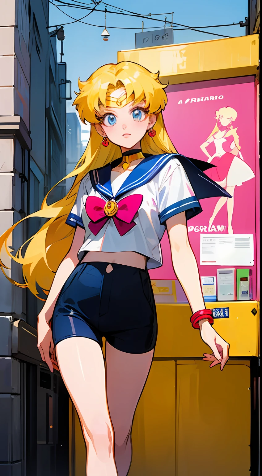 Manga illustration Poster color, Sailor Moon, With long blonde hair, wearing pink short sleeves, Shibuya Street, street photos,record store entrance, wearing 90's street clothes, Front, --AR 2:3 --style expressive --s 400,Hand detail。