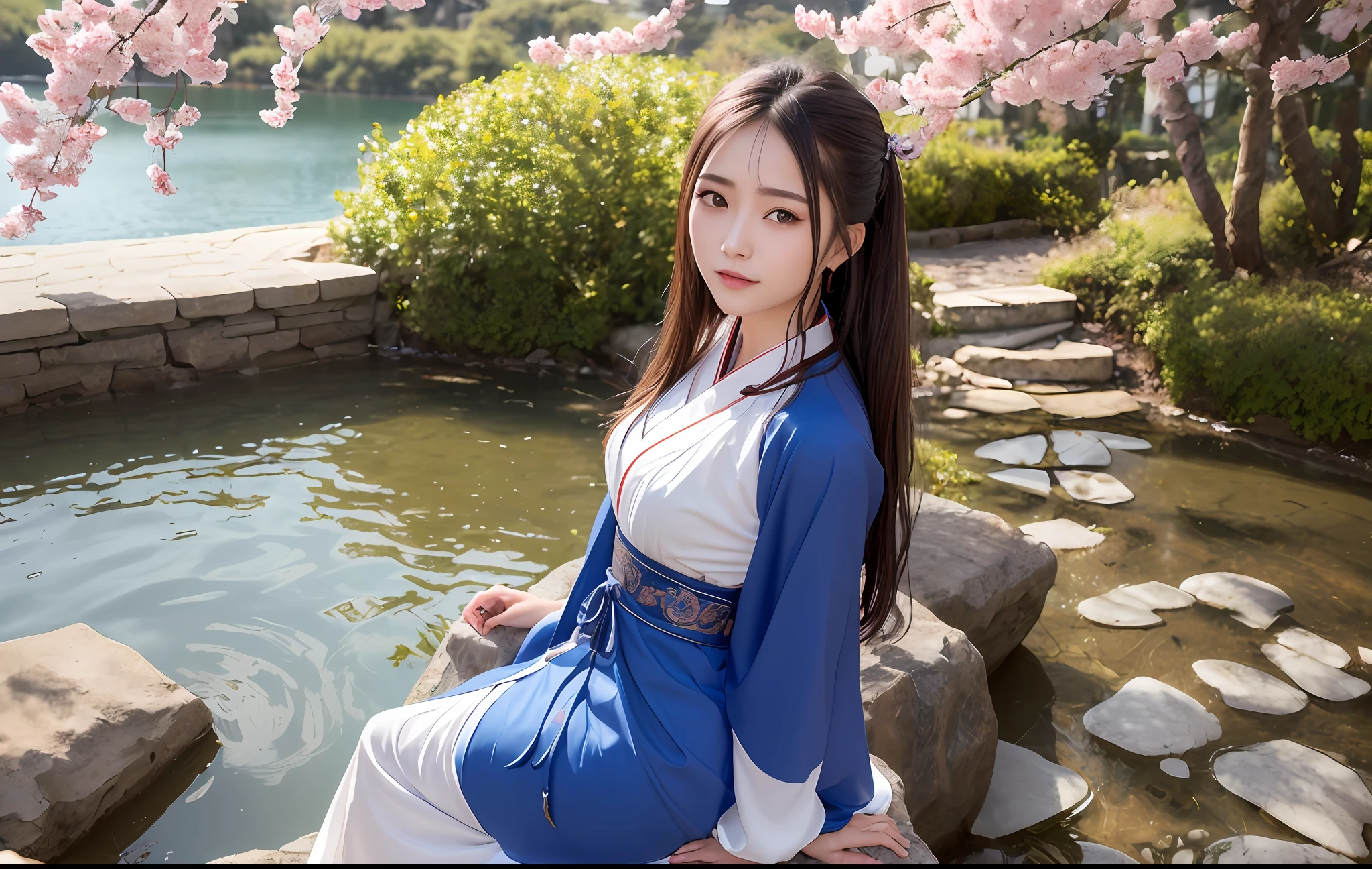 (8k, best quality, masterpiece:1.2), (realistic, photo-realistic), (1girl), solo, detailed golden eyes, long hair, sitting, close to viewer, (Hanfu, ming, ming Dynasty, ming clothing: 1.4),  light smile,  (arms behind back), water, sunny, (Sakura bloom),  snow mountain lake in the background,