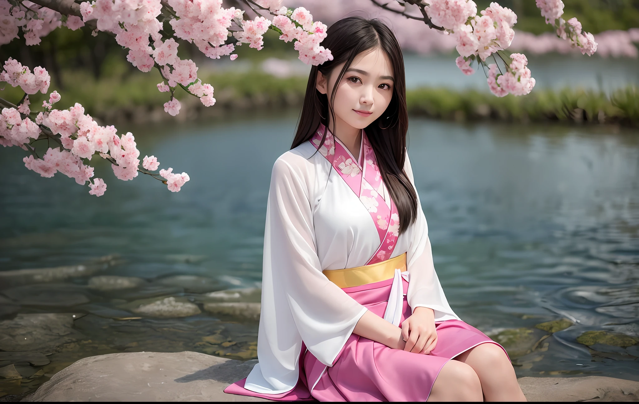 (8k, best quality, masterpiece:1.2), (realistic, photo-realistic), (1girl), solo, detailed golden eyes, long hair, sitting, close to viewer, (Hanfu, ming, ming Dynasty, ming clothing: 1.4),  light smile,  (arms behind back), water, sunny, (Sakura bloom),  snow mountain lake in the background,