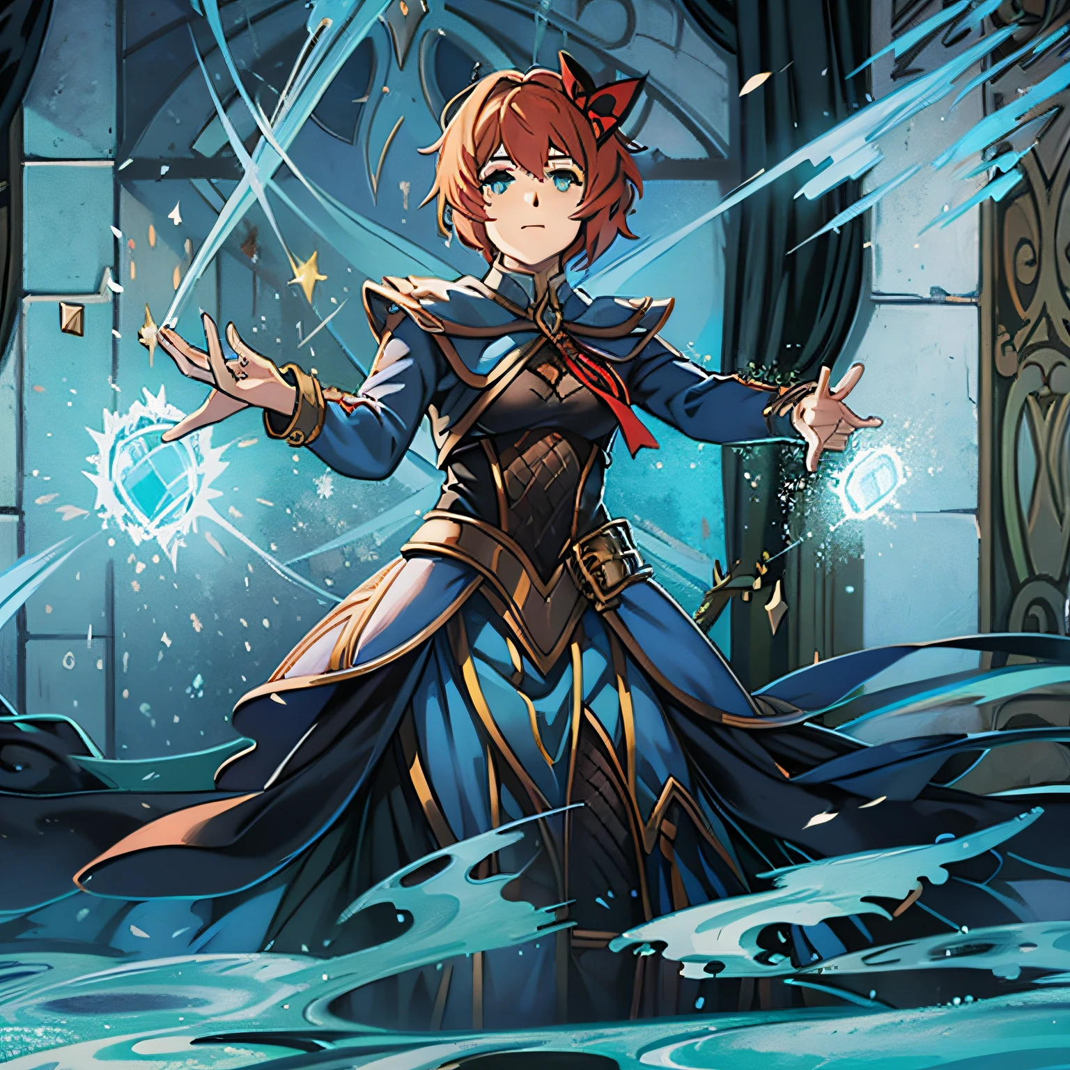 Sayori from DDLC as Magic: The Gathering House Dimir agent dressed in black and blue