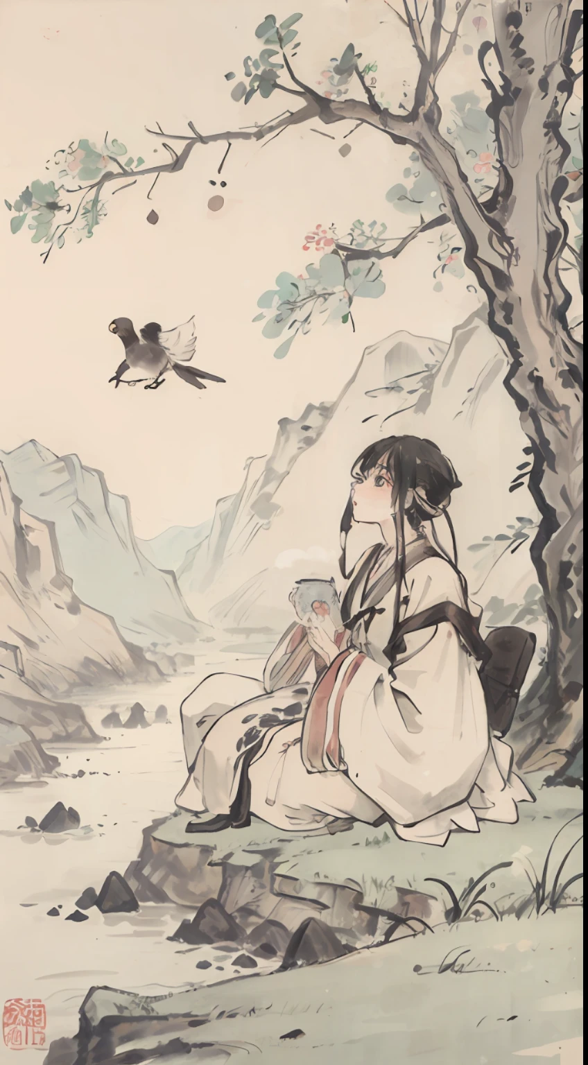 (Masterpiece, best quality: 1.2), traditional Chinese ink painting, large waterfalls between mountains, big rivers, grand, flying birds,an 18-year-old man in black Hanfu, sitting under a tree, sitting on green grass, masterpiece, handing a cup of tea