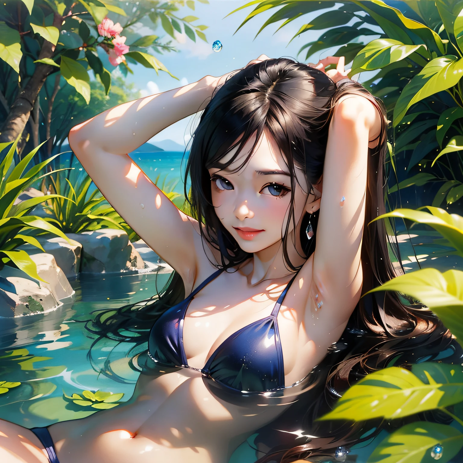 (Master masterpiece、beste-Qualit、beste-Qualit、Official art、Beautiful and aesthetic:1.2),Girl in a swimsuit, Summer, Water droplets,细致背景、Nature、Arm up、Smiles、cute-cute、Mysterious、mysterious background、chee、Shy face、small tits、A slender、