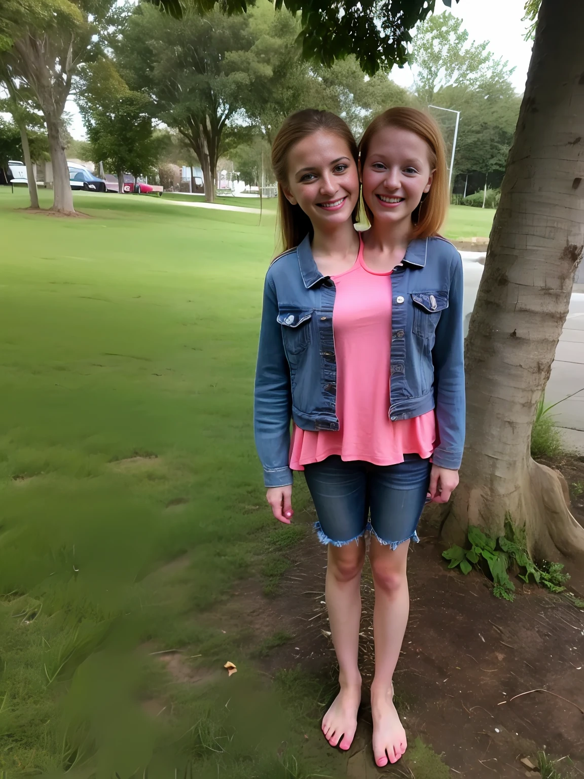 2heads, two headed girl, (one torso:1.5), pale skin, (redhead:1.4), (young:1.4), white girls, (two heads on one body:1.4), conjoined twins, heads side by side, one torso, uncomfortable, barefoot