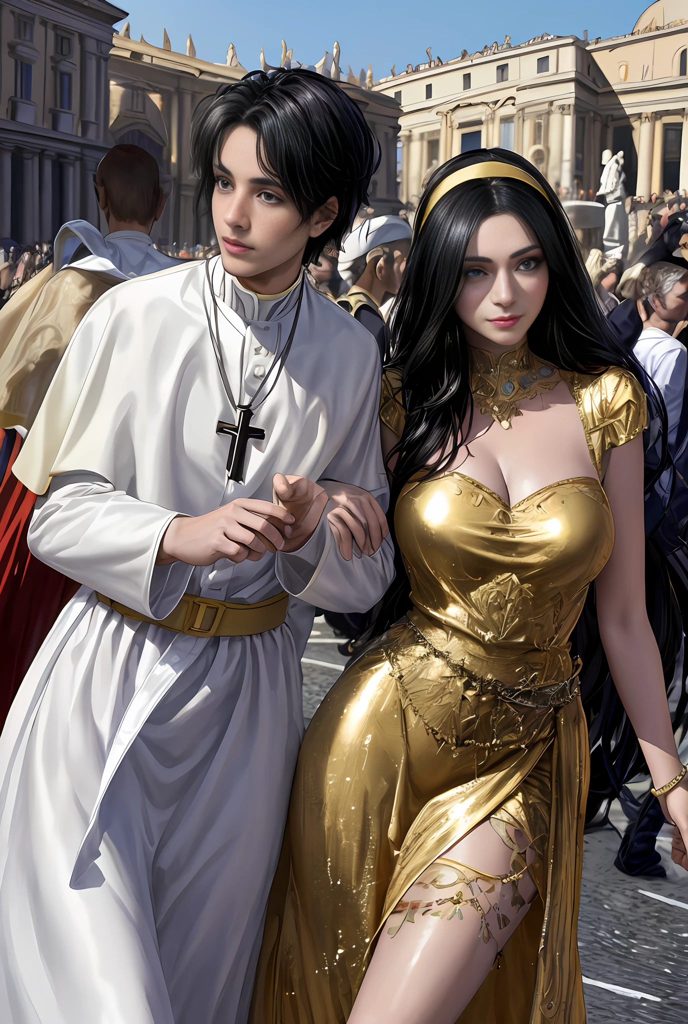 (巨作, Best quality, Realistic),
1girl huge large breasts,(on the St. Peter's Square of Vatican,crowd of), st. Peter's Square of Vatican background,gypsy dress,(Princess Eyes,shiny pupils),Dancing,  Gold, banquet, crowd of, picking up skirt,
[Slight smile],
