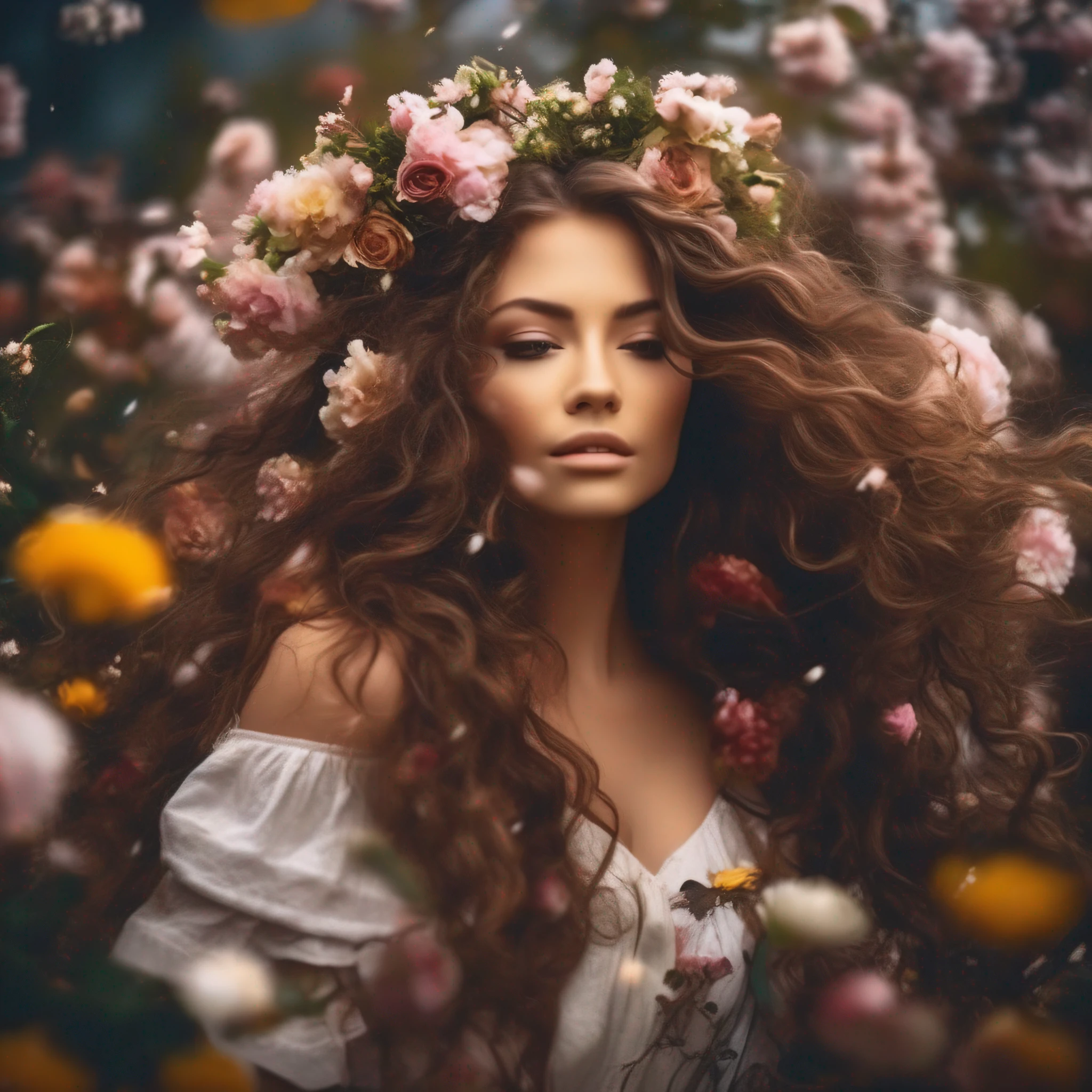 a stream of wind, storm, ruffles the hair of a beautiful girl, beautiful
female model with soft lush curly warm brown long hair, woman with
flowers in her hair posing for a picture, flower storm
portrait, woman in flowers, flowers on hair, flower goddess,
beautiful portrait photo, girl in flowers, roses in her hair, flower in hair,
photo of a beautiful woman, award winning, extremely, high detail digital RAW color photo, beauty portrait, 8k uhd, dslr, soft lighting, high quality, film grain, Fujifilm XT3