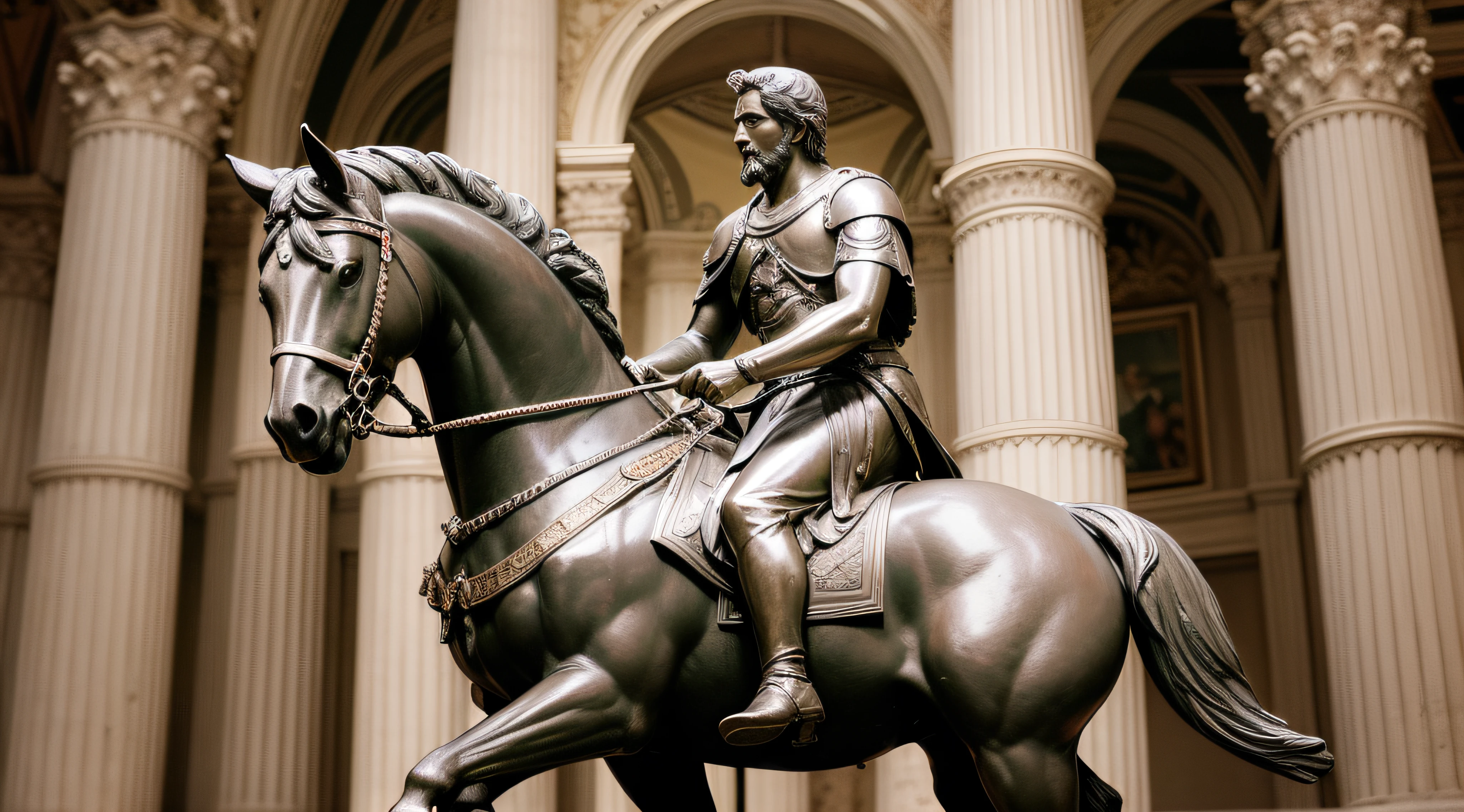 arafed statue of a Marcus Aurelius riding a horse with a raised hand, using his emperor outfit, godlike and stoic, bronze statue and silver, rome