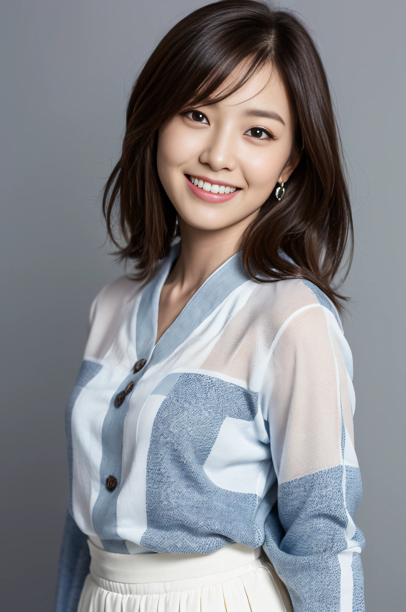 30 y o, ((Best quality, 8K, masute piece: 1.3)), Japanese cool beauty, empty blue background: 1.8, White shirt, Gray skirt, Highly detailed face and skin texture, Smile, fashion model pose