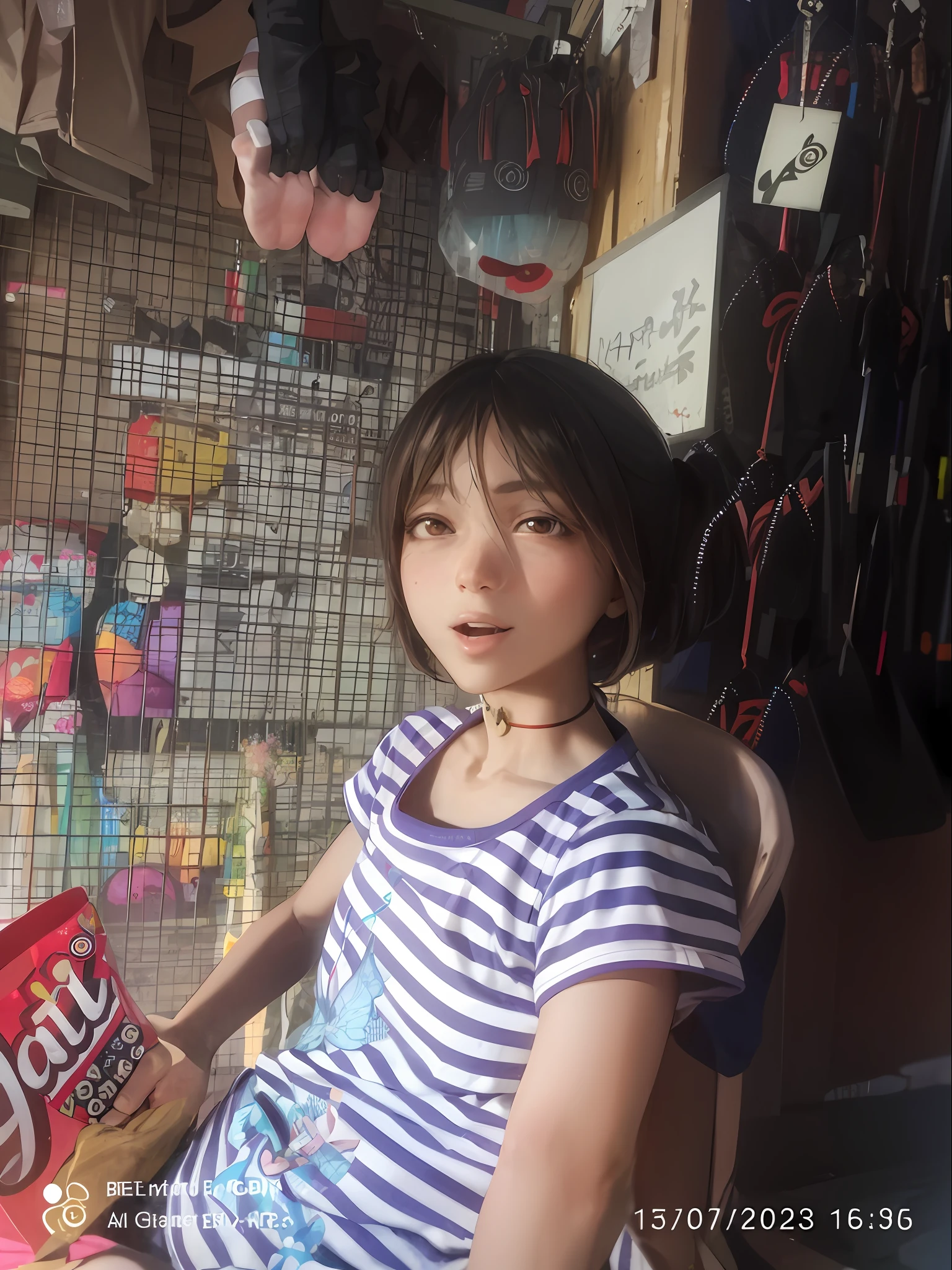 masterpiece, best quality, highres, 1girl, blonde hair, medium hair, asymmetrical hair, floating hair, hair between eyes, high ponytail, sidelocks, hair ornament, fish hair ornament, tassel, kanzashi, bangs, orange eyes, open mouth, smile, teeth, upper teeth only, choker, red choker, pendant choker, butterfly choker, collarbone, tattoo, chest tattoo, flower tattoo, cleavage, medium breasts, thighs, bandages, bandaged leg, sarashi, budget sarashi, chest sarashi, black sash, hadanugi dousa, houkisei, japanese clothes, kimono, kinchaku, obi, obiage, obijime, orange kimono, pouch, print kimono, rope, sash, shimenawa, short kimono, single bare shoulder, vision (genshin impact), east asian architecture, cherry blossoms, full body, squatting, sparkler, night, firework, holding firework, legs together, feet, single glove, single fingerless glove, wristband, black socks,