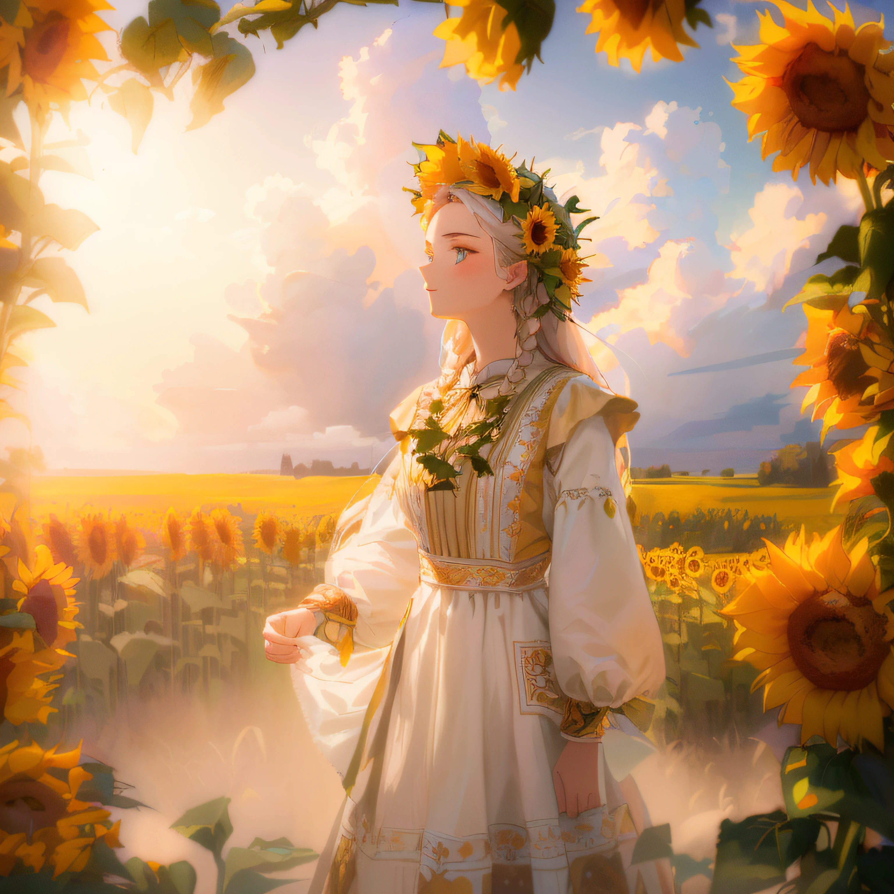 Beautiful illustrations、arafed woman in a dress and sunflowers in a field, Ukrainian national costume, ukrainian national clothes, slavic folk fairytale, ukrainian girl, slavic style, inspired by Viktor Vasnetsov, traditional russia, the goddess of autumn harvest, Beautiful maiden, Ukraine. Photography, Anna Nikonova, goddess of summer, Ukraine.