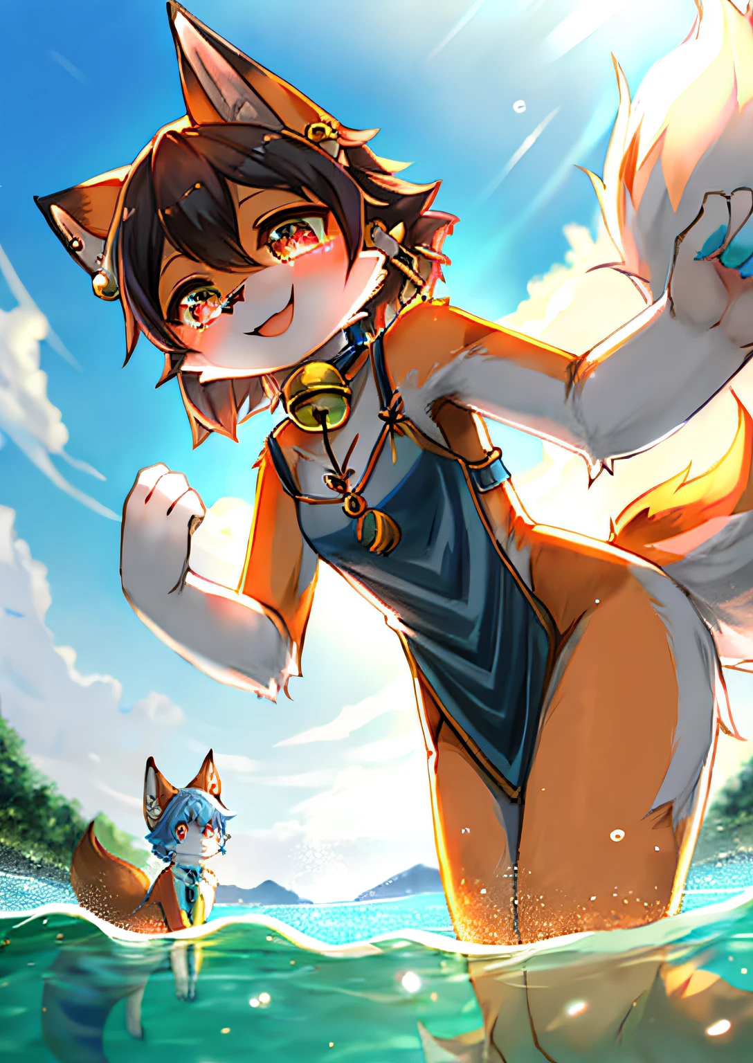 ((独奏)),The cuteness of the movie from a low angle(Anthro the furry fox),Play in the water in the creek,((cheerfulness,laughingly,Detailed face,Detailed big eyes),Look at the fish),Natural soft light,8k,SFW , 夏天, Calm, employment, was hairy,Bell pendant on the ear