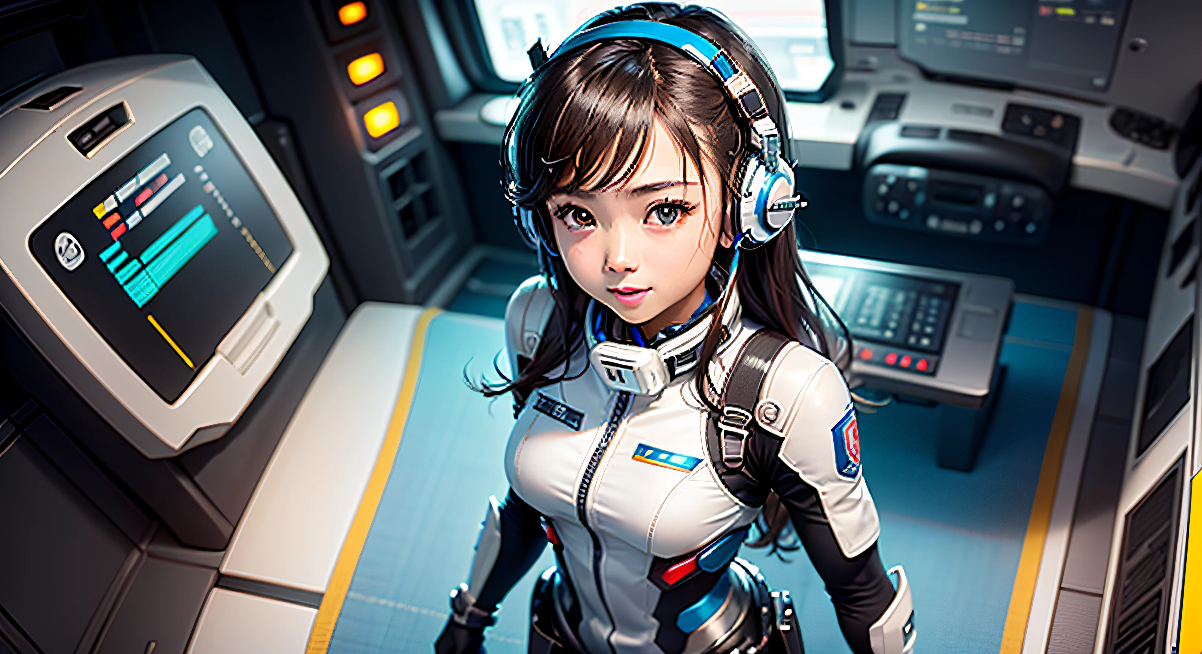 (шедевр、beste-Qualit、Top resolution、Distinct_image、Detailed details、portlate。Angle from above): (独奏、Lone Girl、Japan Faces、short-cut、Brown-haired girl、Whole human body、(the perfect body:1.4)、cuteness、cute-cute、Glittering blue colored eyes、Pilot suit in white and blue colors、Tight Fit Clothing、Clothing that covers the whole body、an extremely delicate and beautiful、detailed skins、Slim body、exoskeleton、lightl smile、heroine、headset on head、long boots、Facing the front、looking ath the viewer、Kindness、gloves)、(Inside the spacecraft、Communications Equipment、controller、cockpit、Maneuvering the Vehicle、Future bride)