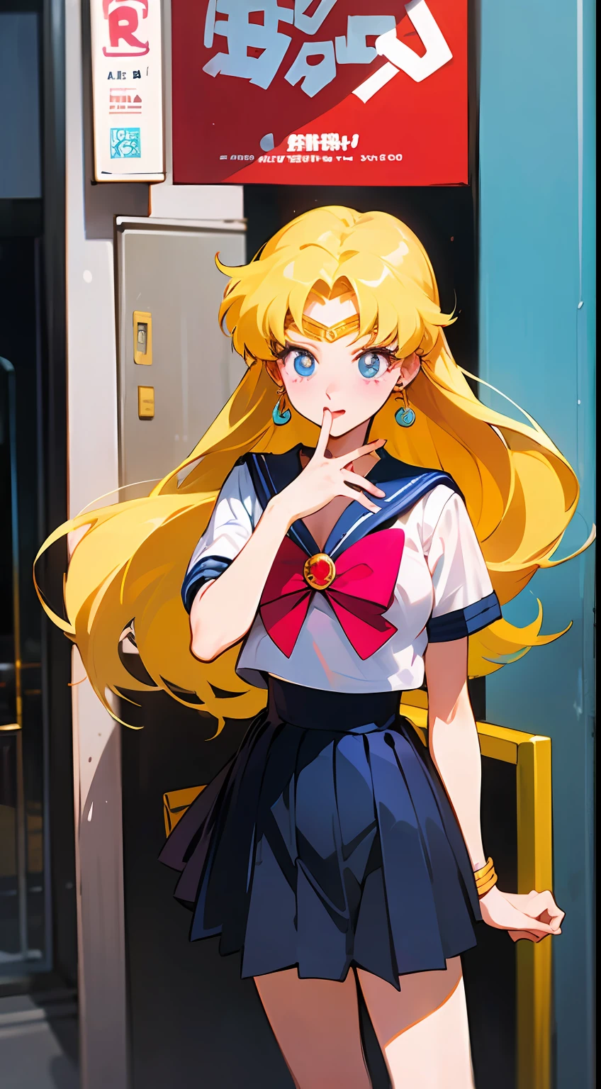 Manga illustration Poster color, Sailor Moon, With long blonde hair, wearing pink short sleeves, Shibuya Street, street photos,record store entrance, wearing 90's street clothes, Front, --AR 2:3 --style expressive --s 400,Hand detail。