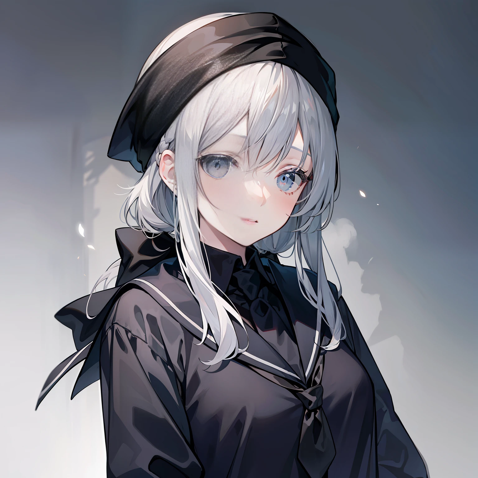 Bust photo,schoolgirls,black clothes,The eyes are cold,Plump body,There is a black and white turban under the bangs,gray hairs,Wear black silk,There is a pinch of hair tied on the top of his head
