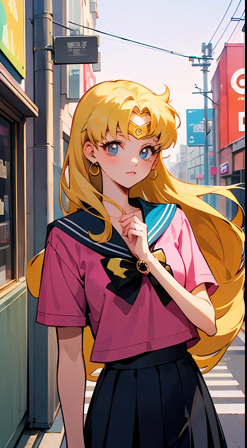 Manga illustration Poster color, Sailor Moon, With long blonde hair, wearing pink short sleeves, Shibuya Street, street photos,record store entrance, wearing 90's street clothes, Front, --AR 2:3 --style expressive --s 400，Hand detail。