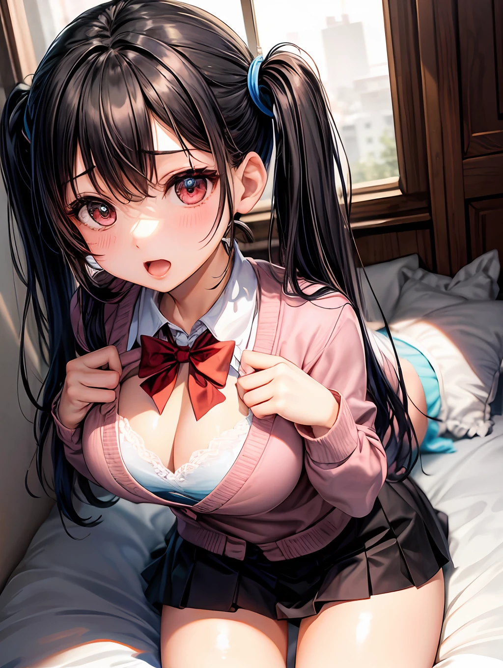 beste-Qualit、One girl、black-haired、twintails、Red eyes、Pink blush color under the eyes、:.1.2、Red cheeks、Opening Mouth、school uniform、Pink Cardigan 1.2、Black miniskirt、White underwear、tetas grandes:1.3、Emphasis on the chest、Dark blue long socks、skinny thigh、Hotel Bets、laying on back:1.5、sprawl:1.7、View here、Angle from diagonally above、Background blur